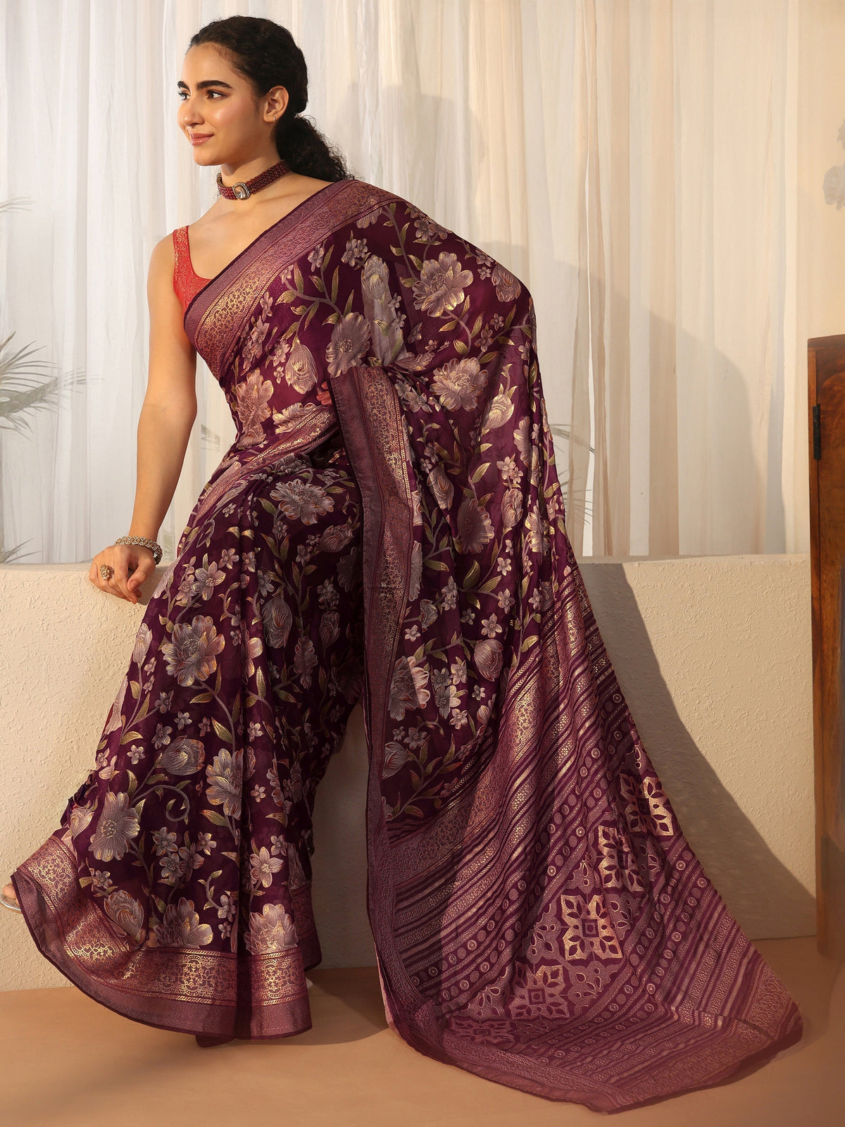 Anouk Burgundy Floral Printed Silk Blend Saree with Woven Border