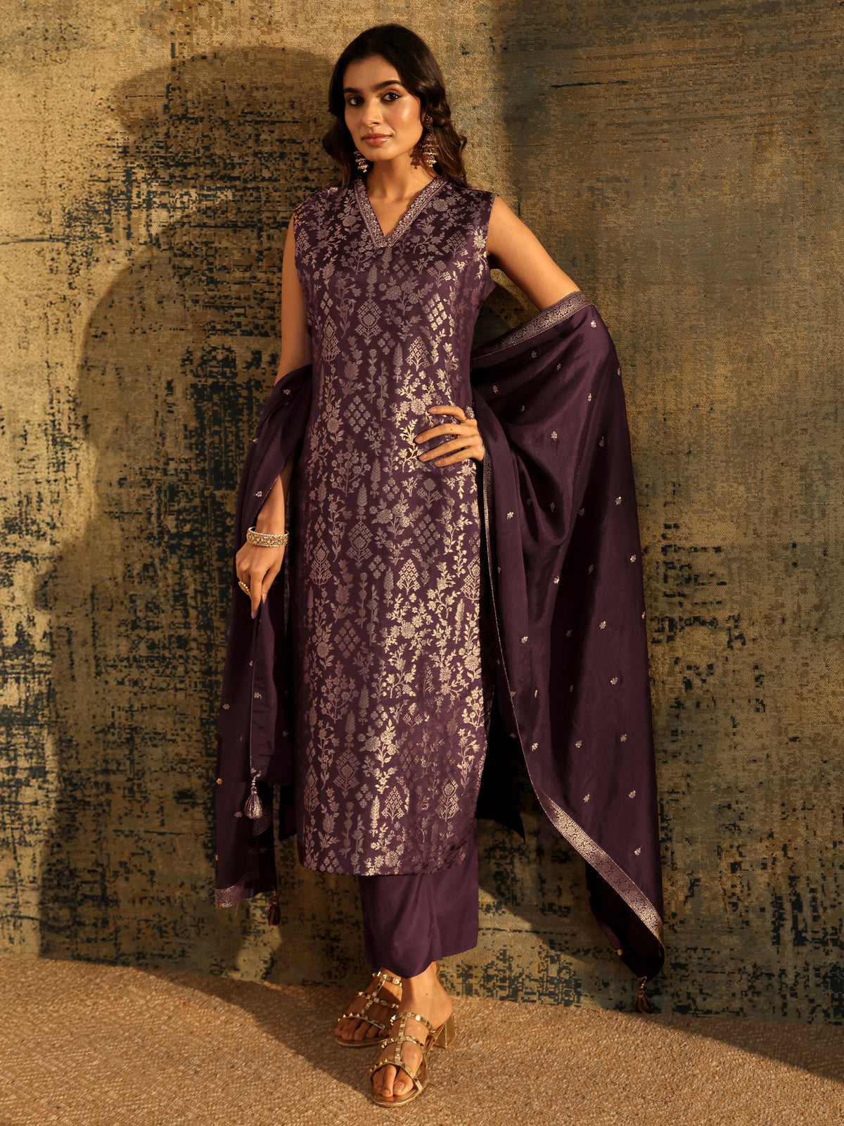 Anouk Burgundy Floral Woven Design Silk blend Straight Suit Set