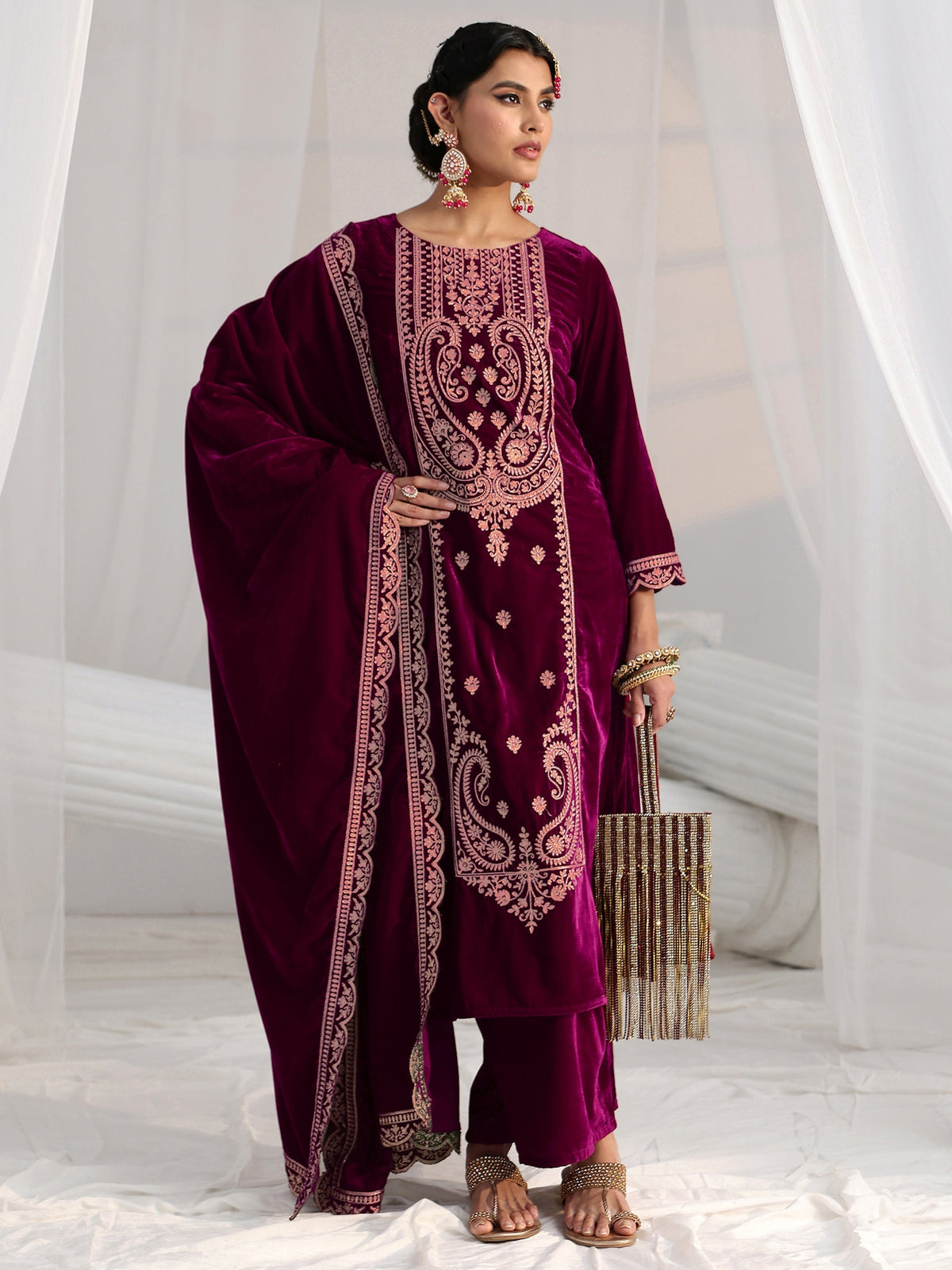 Anouk Burgundy Paisley Embroidered Velvet Straight Suit Set