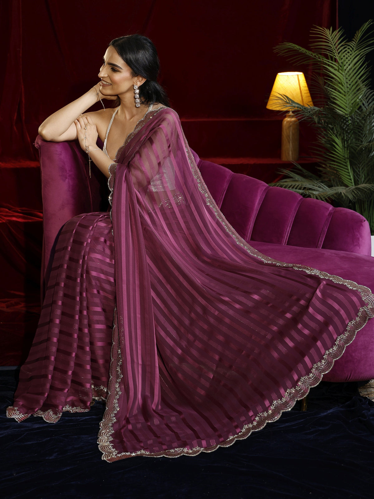 Anouk Burgundy Striped Net Saree