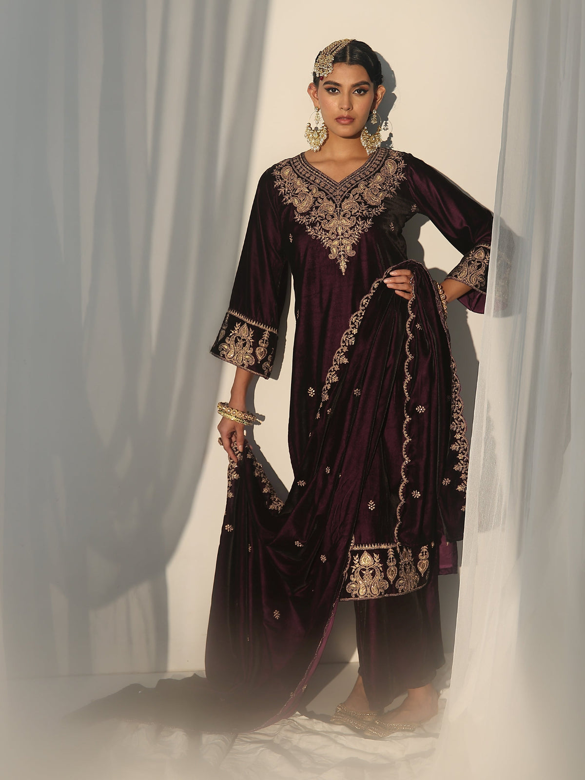 Anouk Burgundy Yoke Design Velvet Straight Suit Set