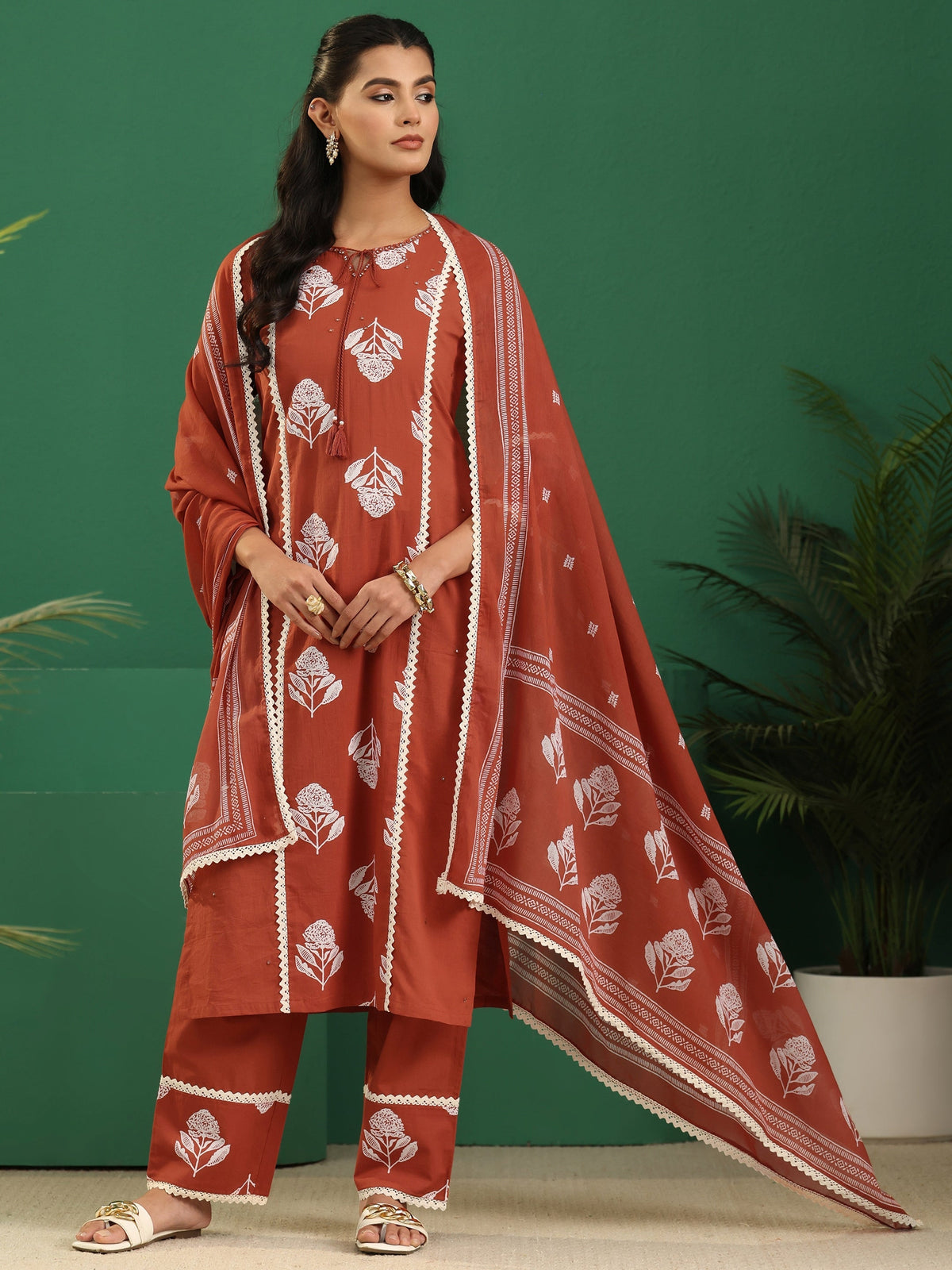 Anouk Burnt Orange Floral Printed Cotton Straight Suit Set