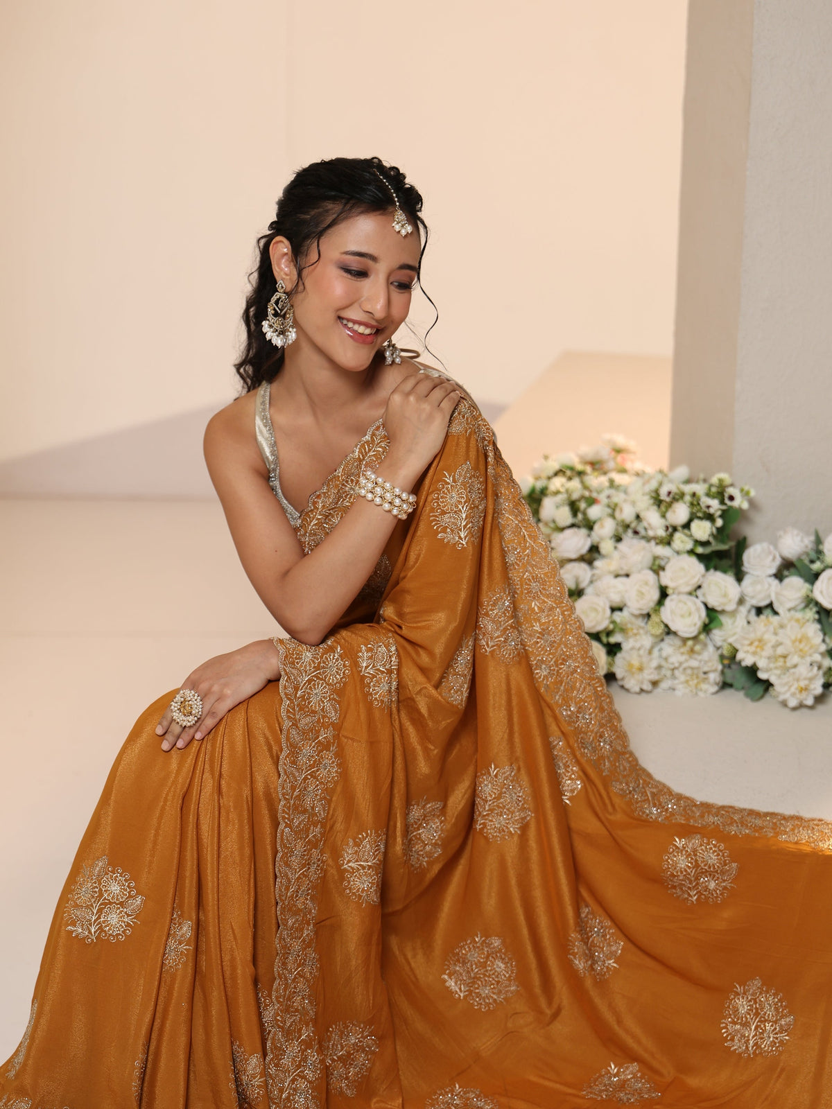 Anouk Burnt Orange Satin Saree with Embroidered Floral Motifs