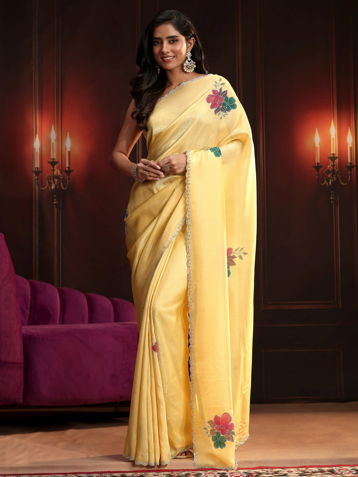 Anouk Butter Yellow Floral Embellished Tissue Saree