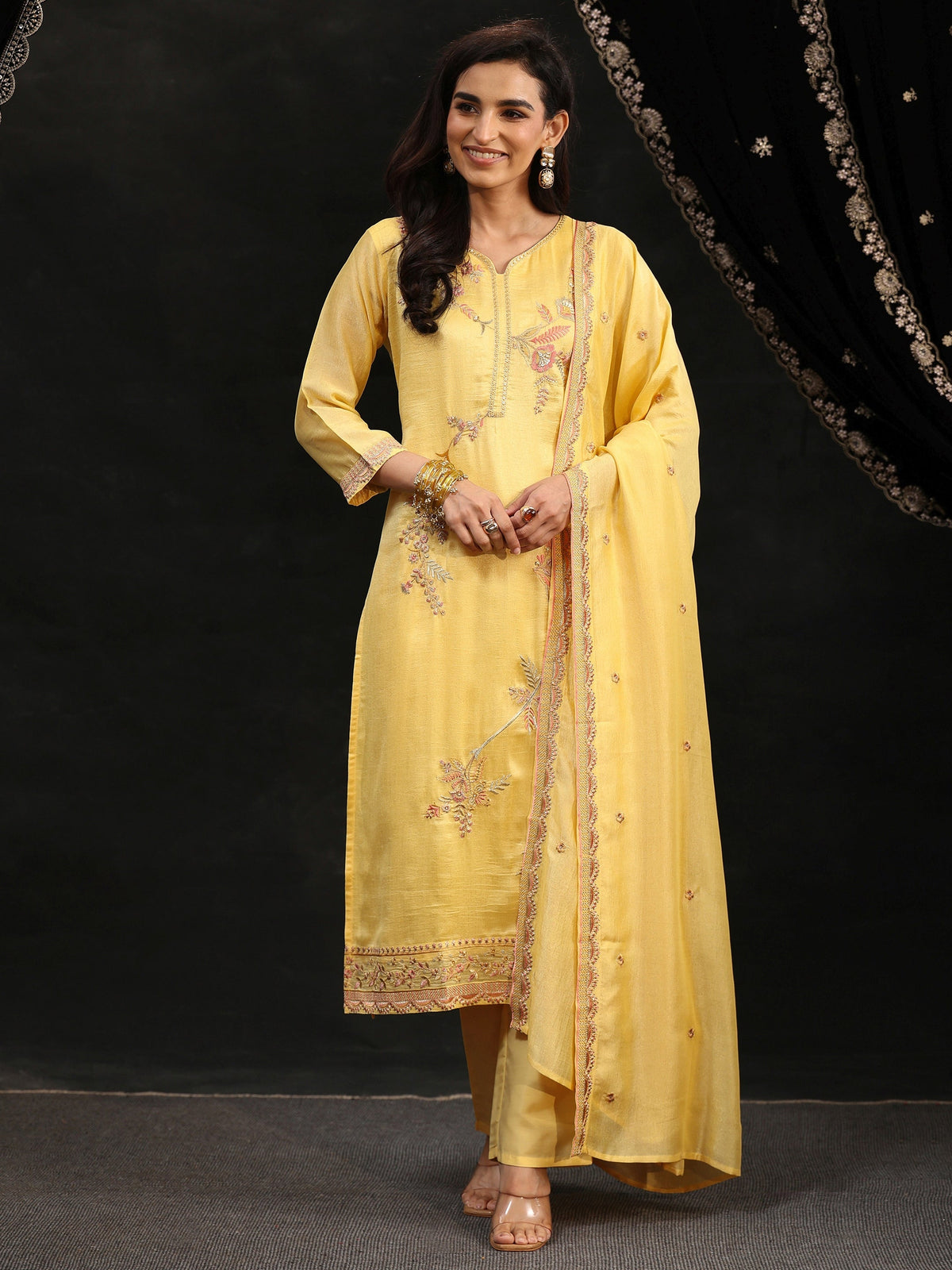 Anouk Butter Yellow Floral Embroidered Silk Blend Straight Suit Set