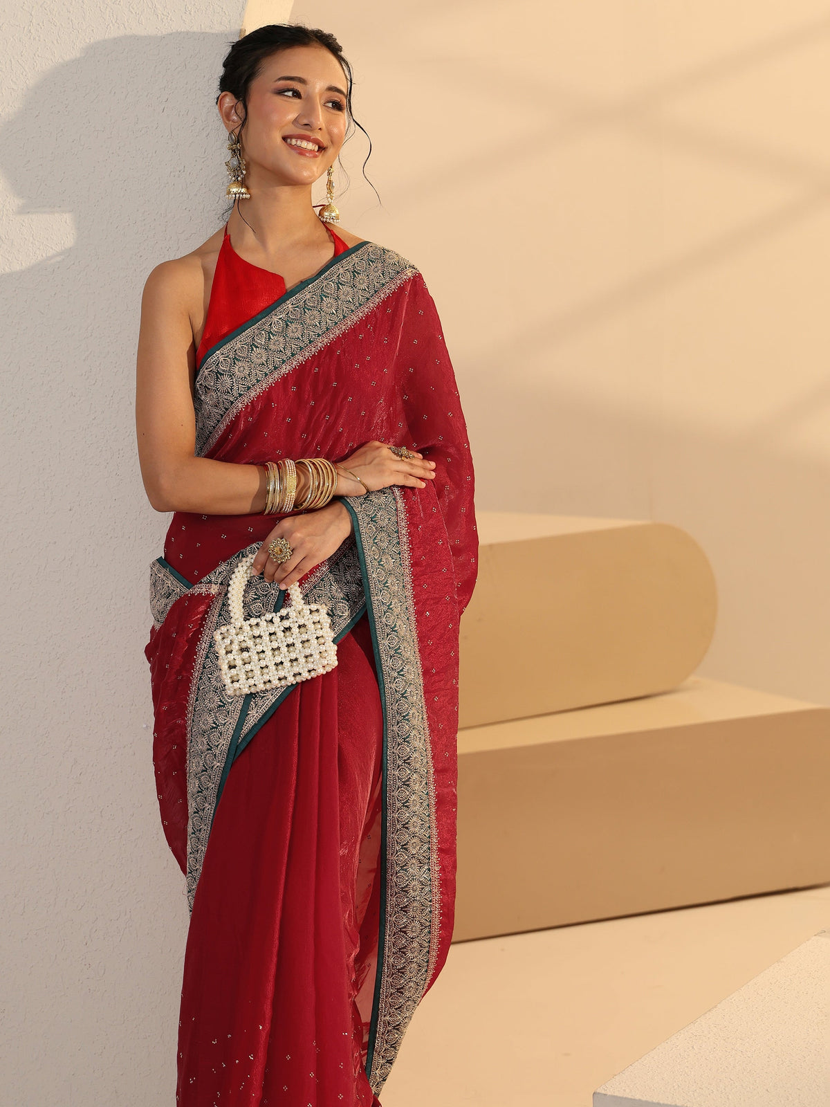 Anouk Cardinal Red Stone Work Embellished Tissue Saree