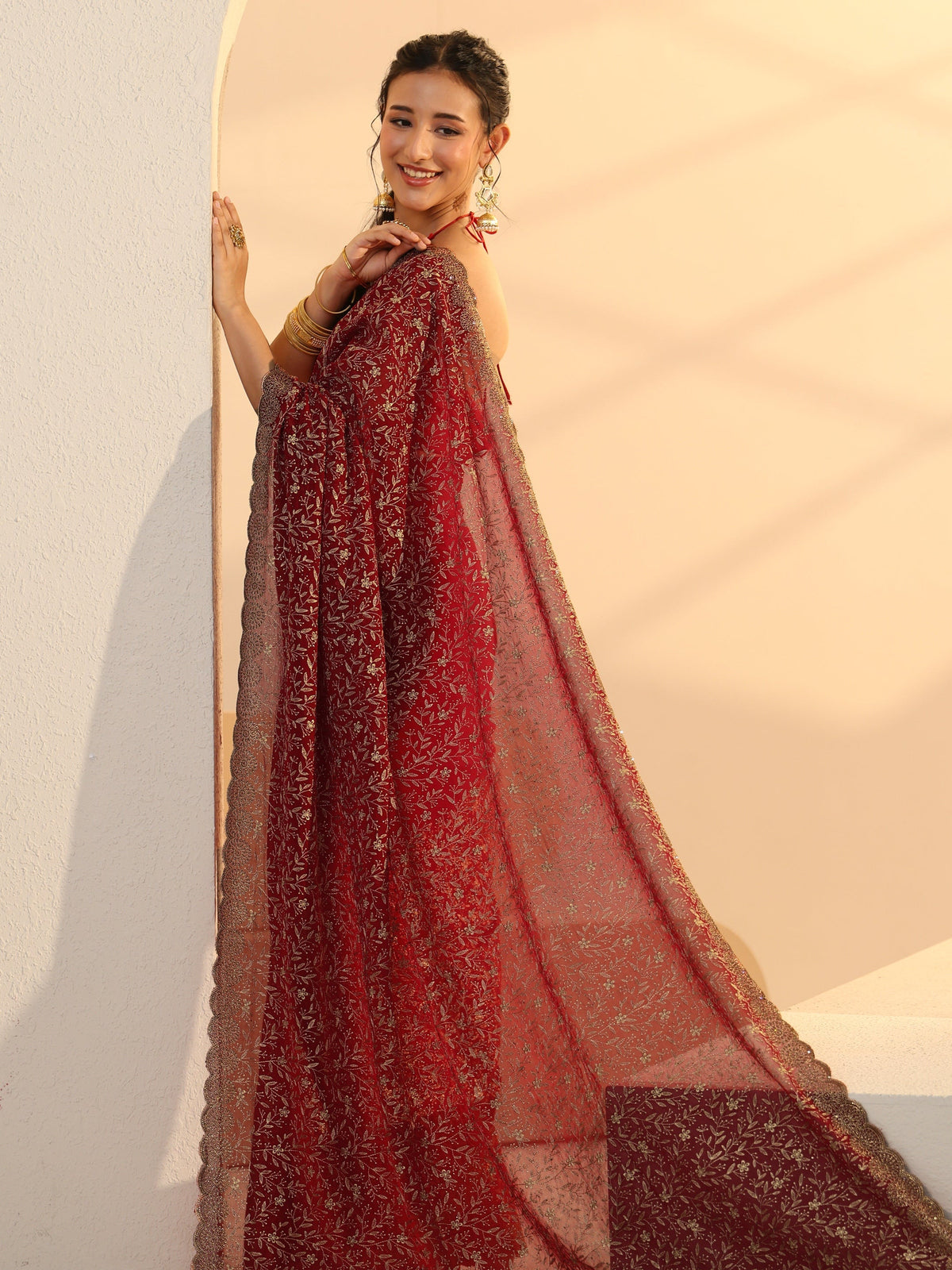 Anouk Carmine Red Floral Embroidered Georgette Saree