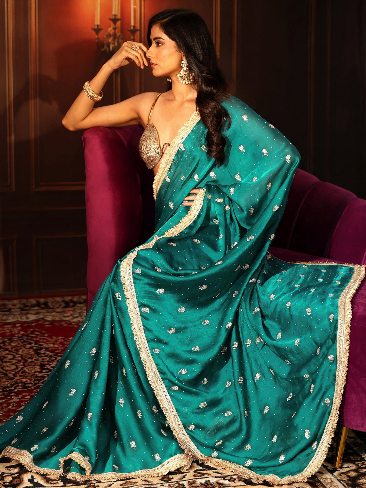 Anouk Cerulean Blue Embellished Chinon Saree with Gota Border