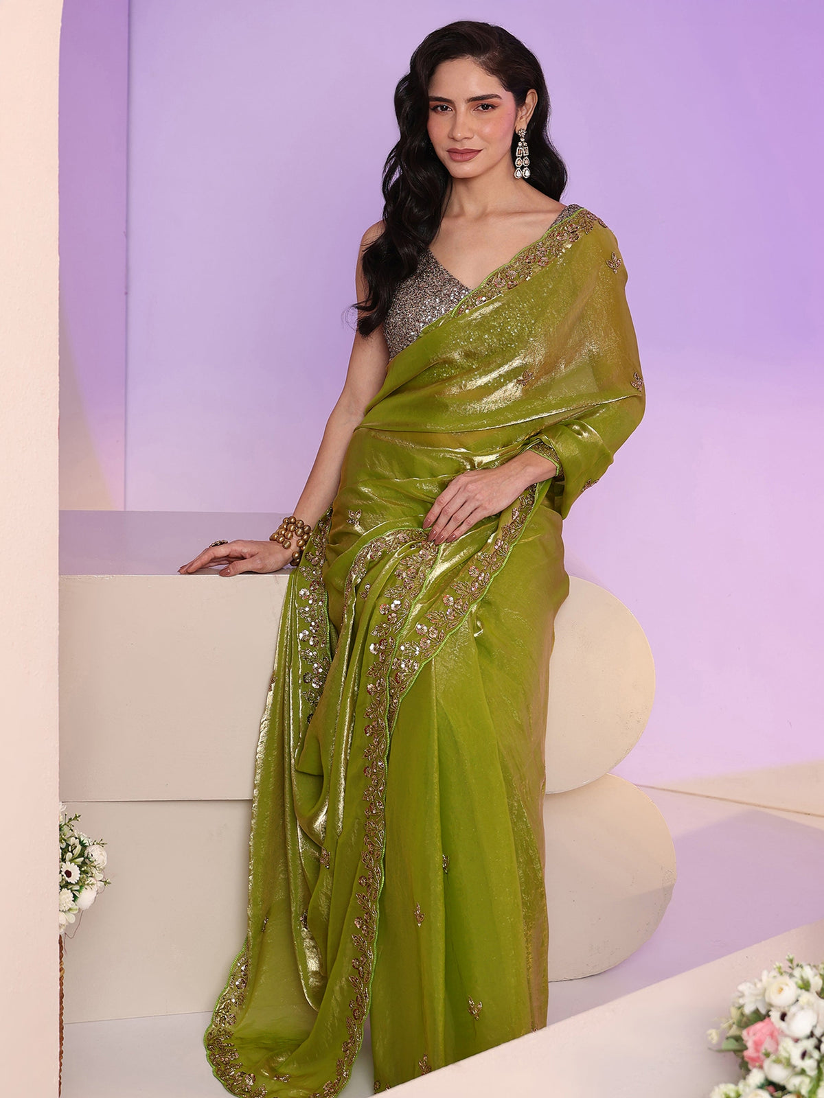 Anouk Chartreuse Green Floral Embellished Tissue Saree