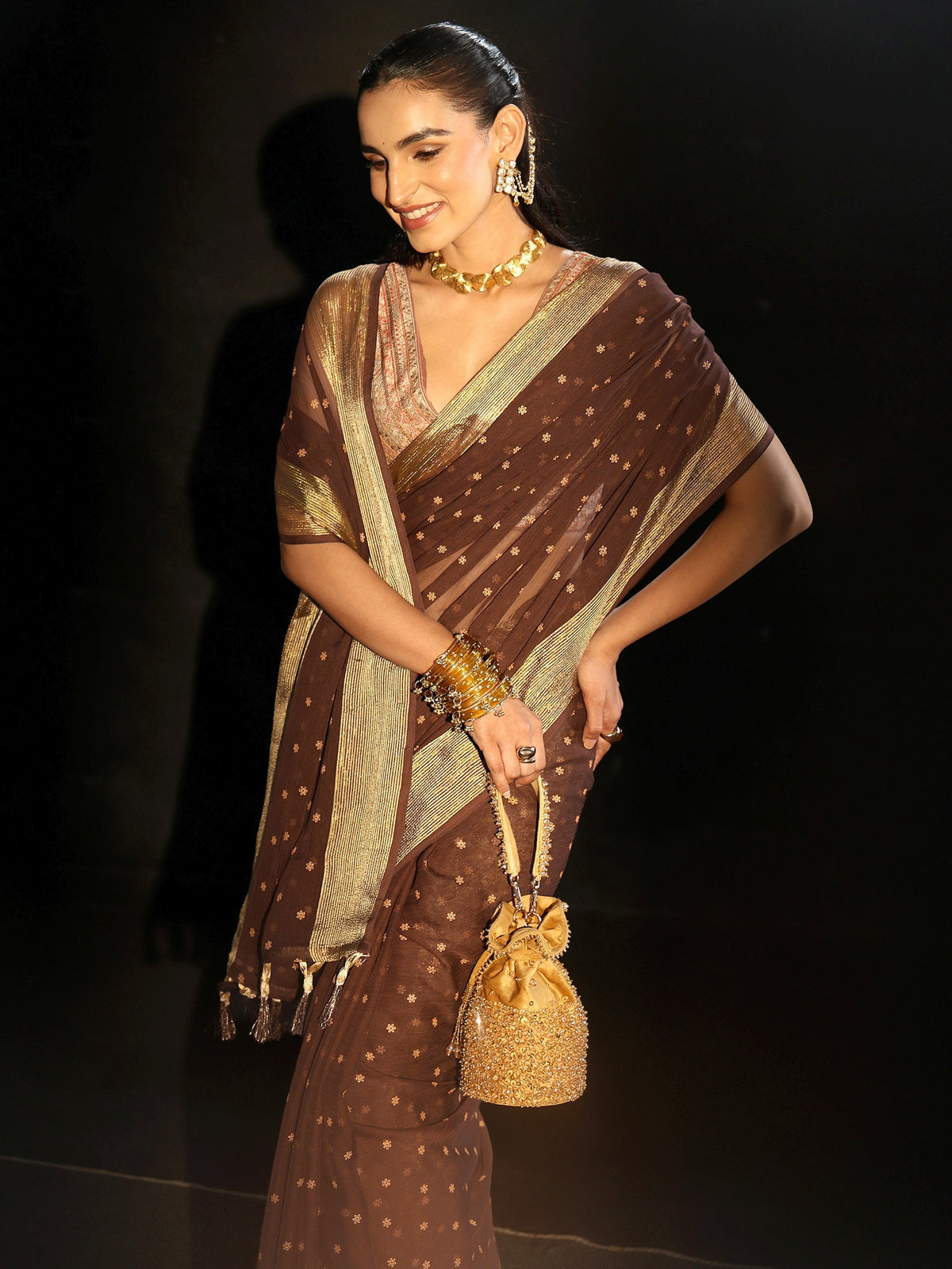 Anouk Chocolate Brown Floral Printed Chiffon Saree