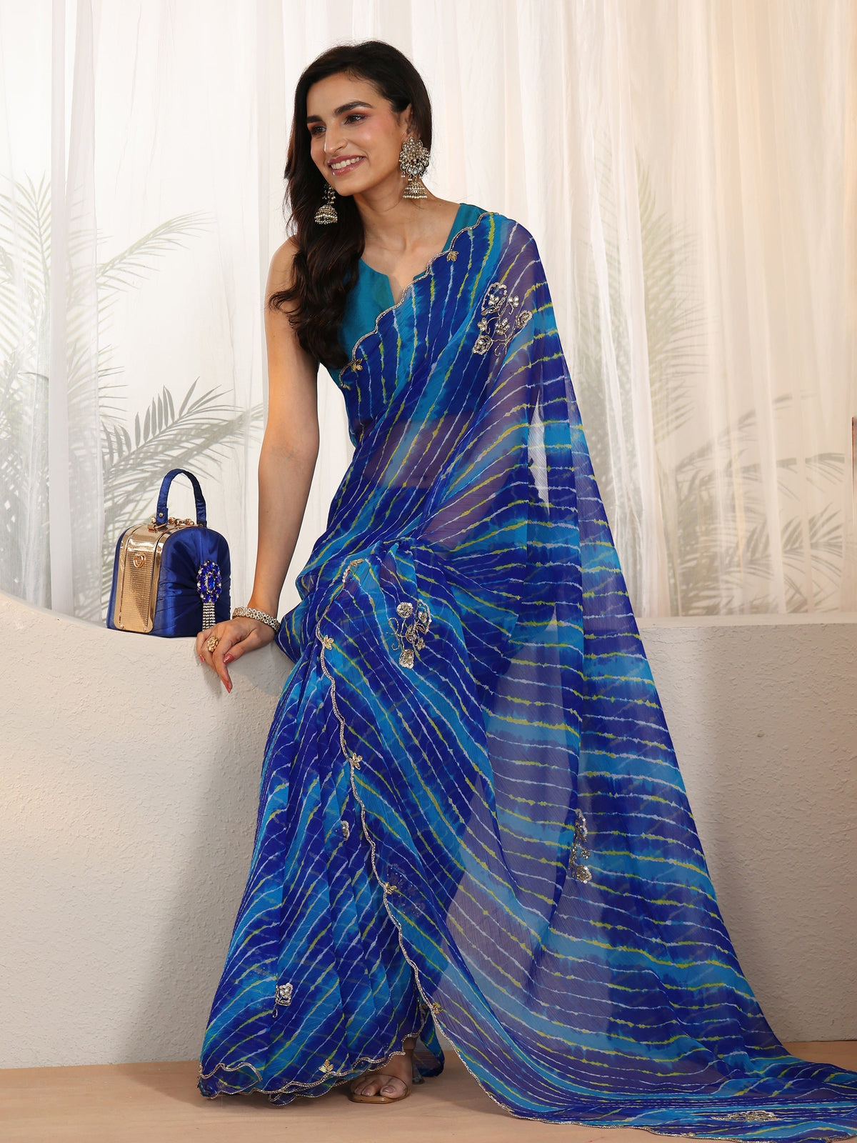 Anouk Cobalt Blue Leheriya Printed Chiffon Saree