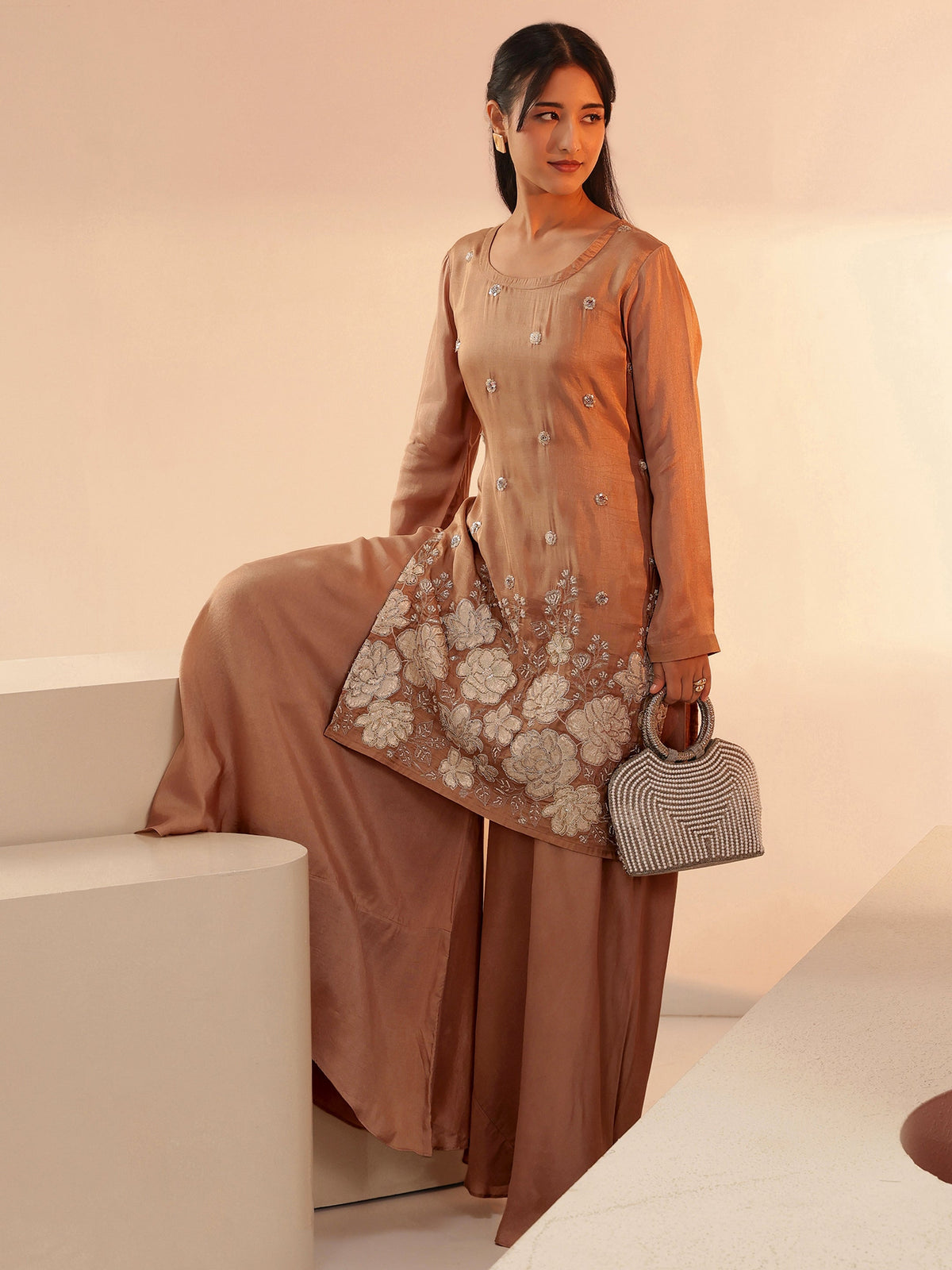 Anouk Coffee Brown Floral Applique Silk Blend Straight Kurta Set