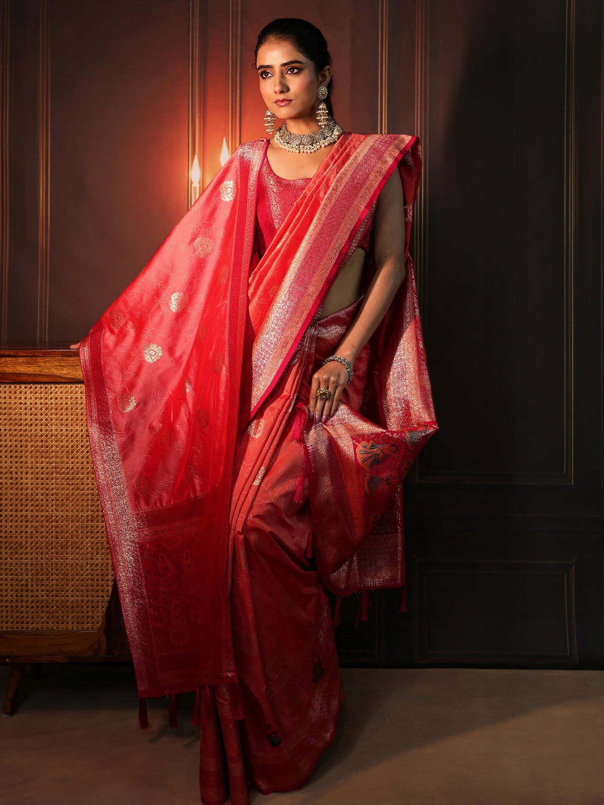 Anouk Coral Pink Banarasi Silk Blend Saree