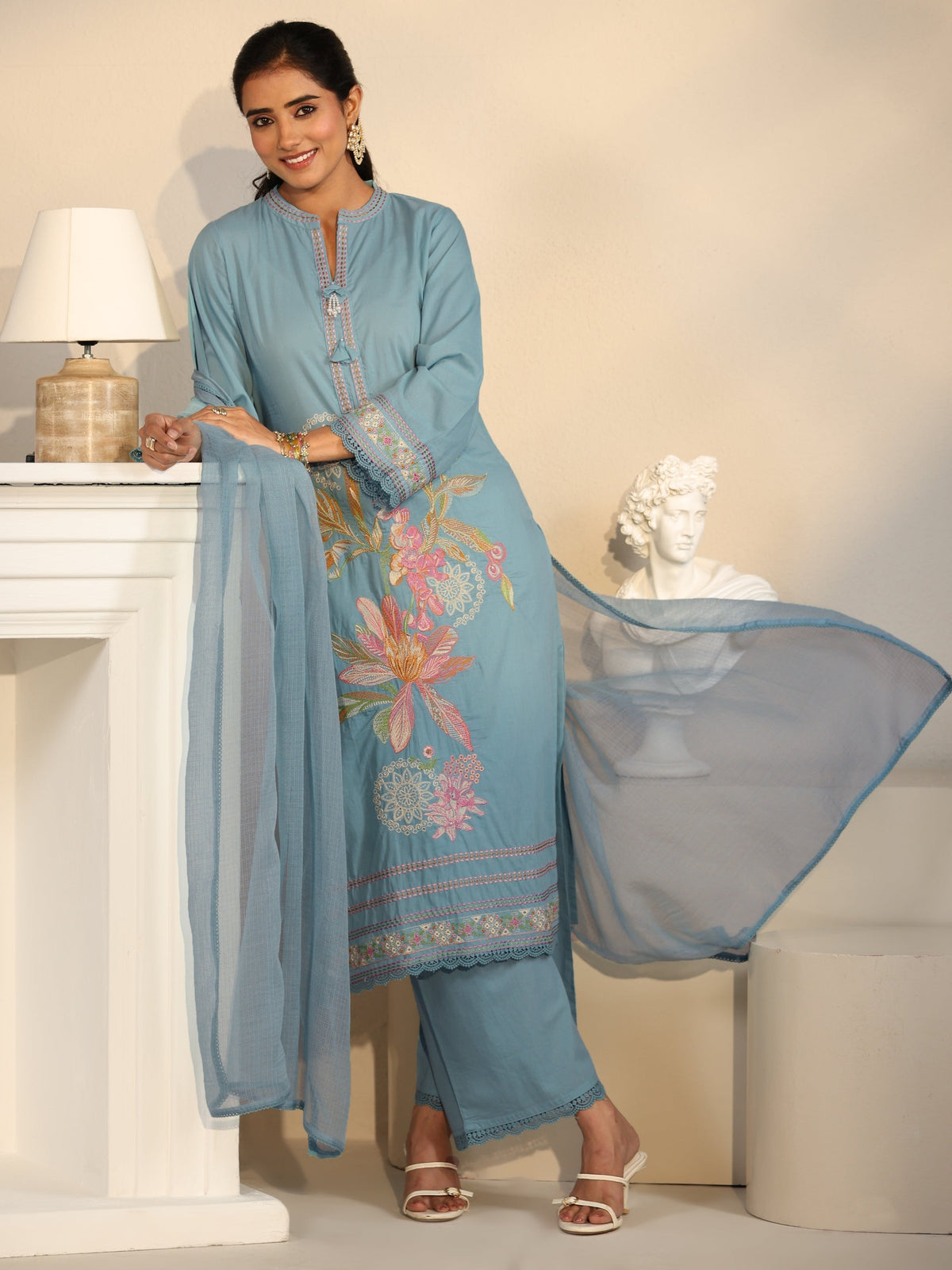 Anouk Cornflower Blue Floral Embroidered Cotton Straight Suit Set