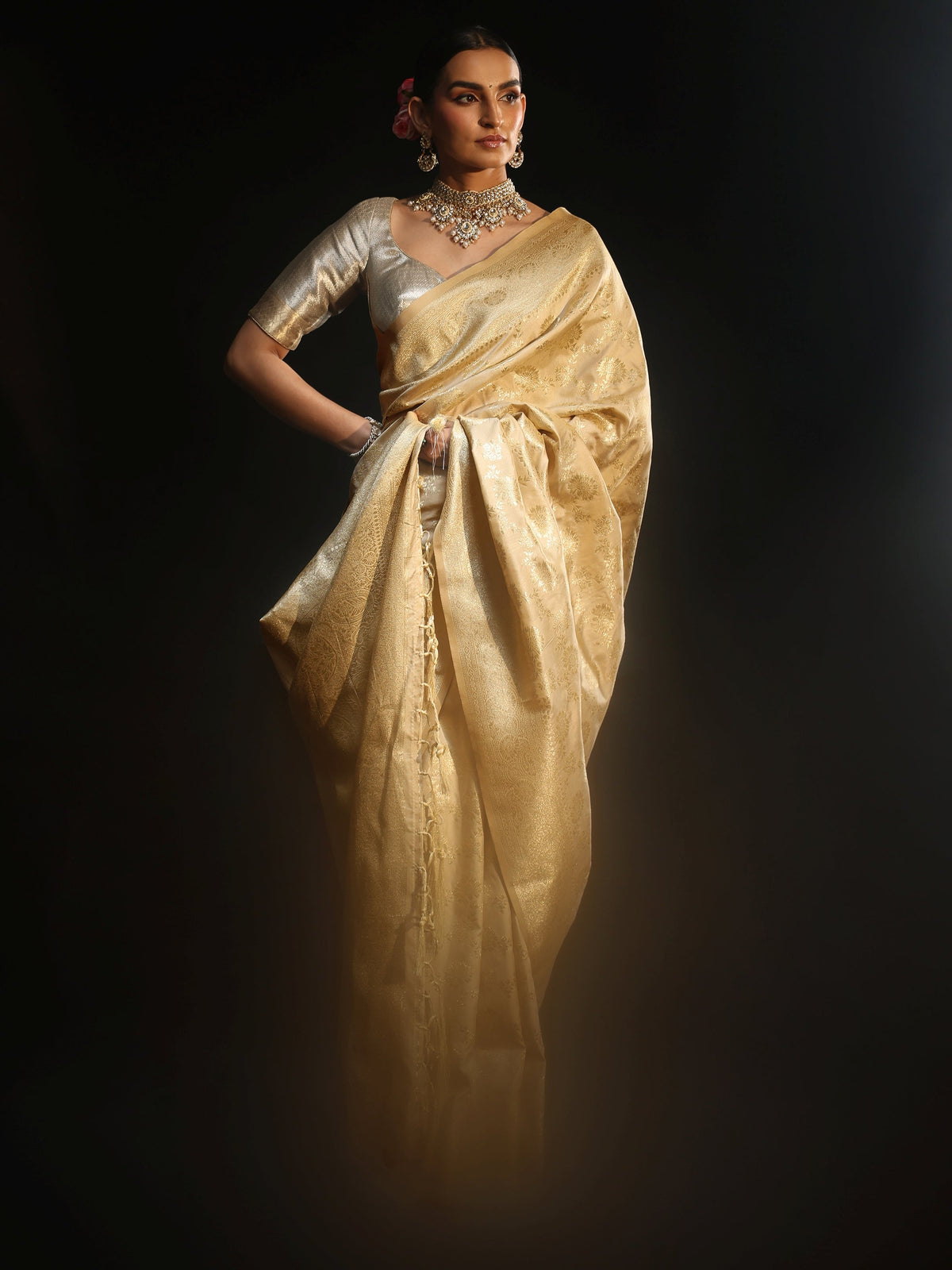 Anouk Cream Banarasi Silk Blend Saree