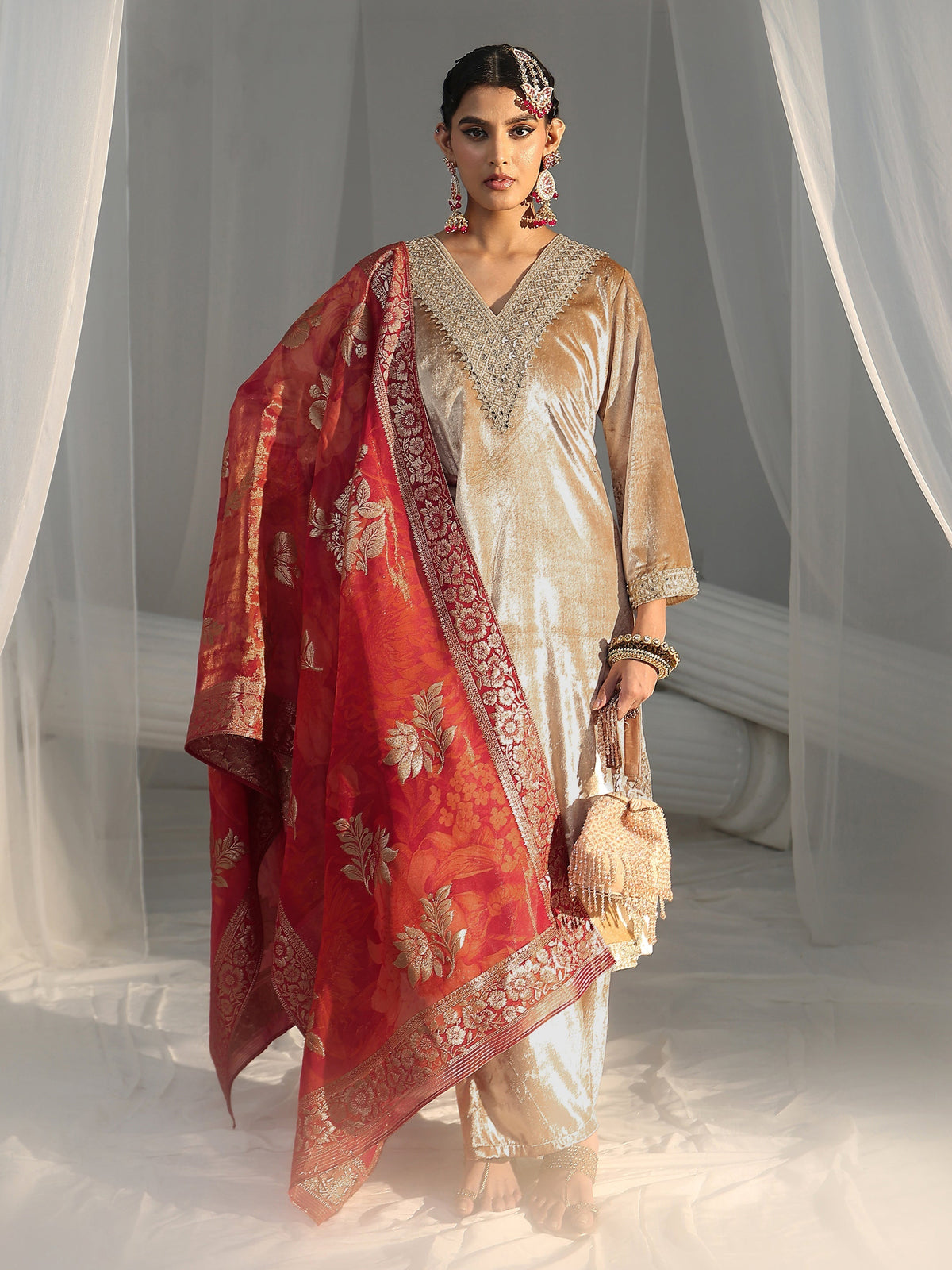 Anouk Cream Embroidered Velvet Straight Suit Set
