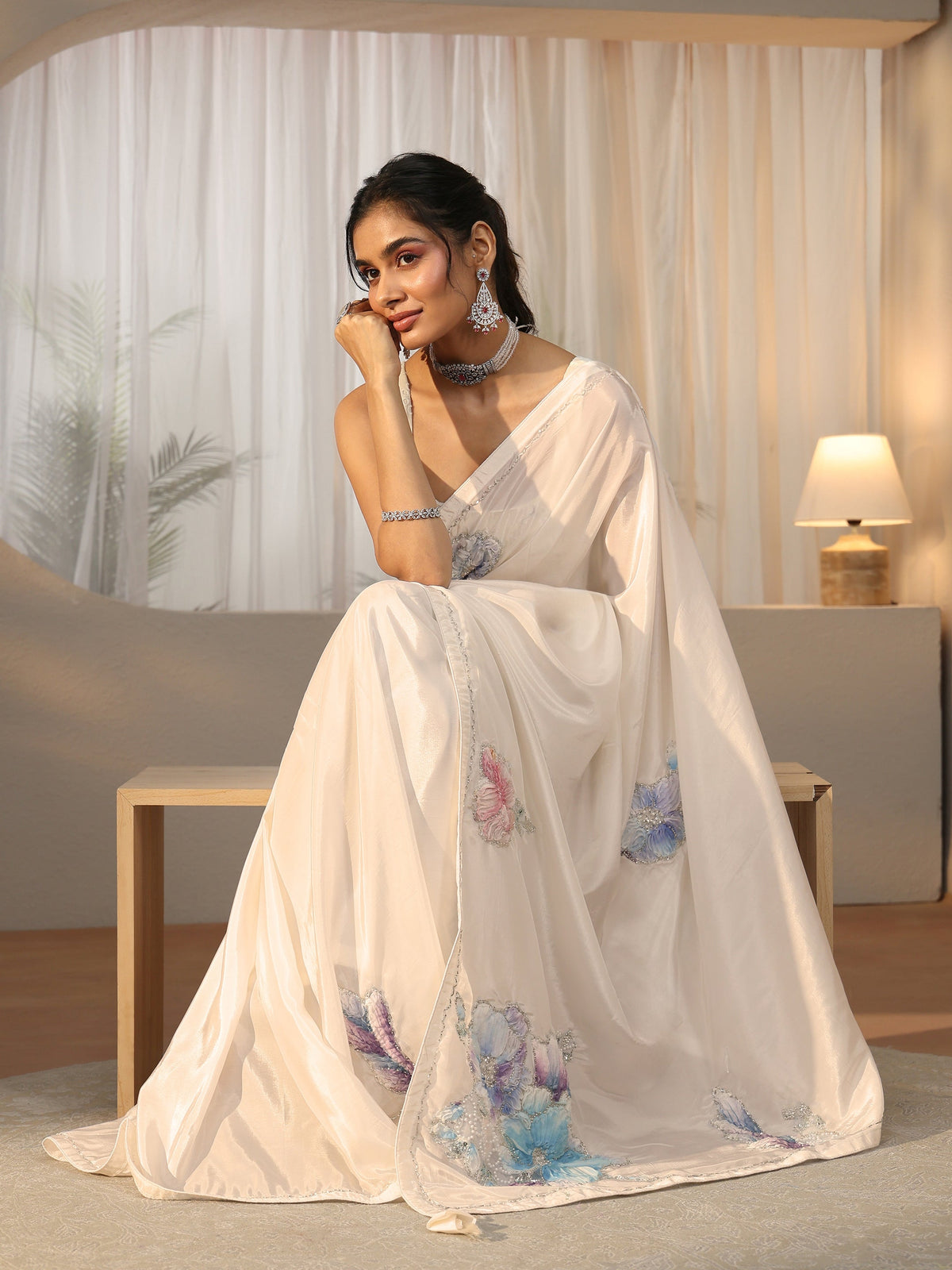 Anouk Cream Floral Applique Design Satin Saree