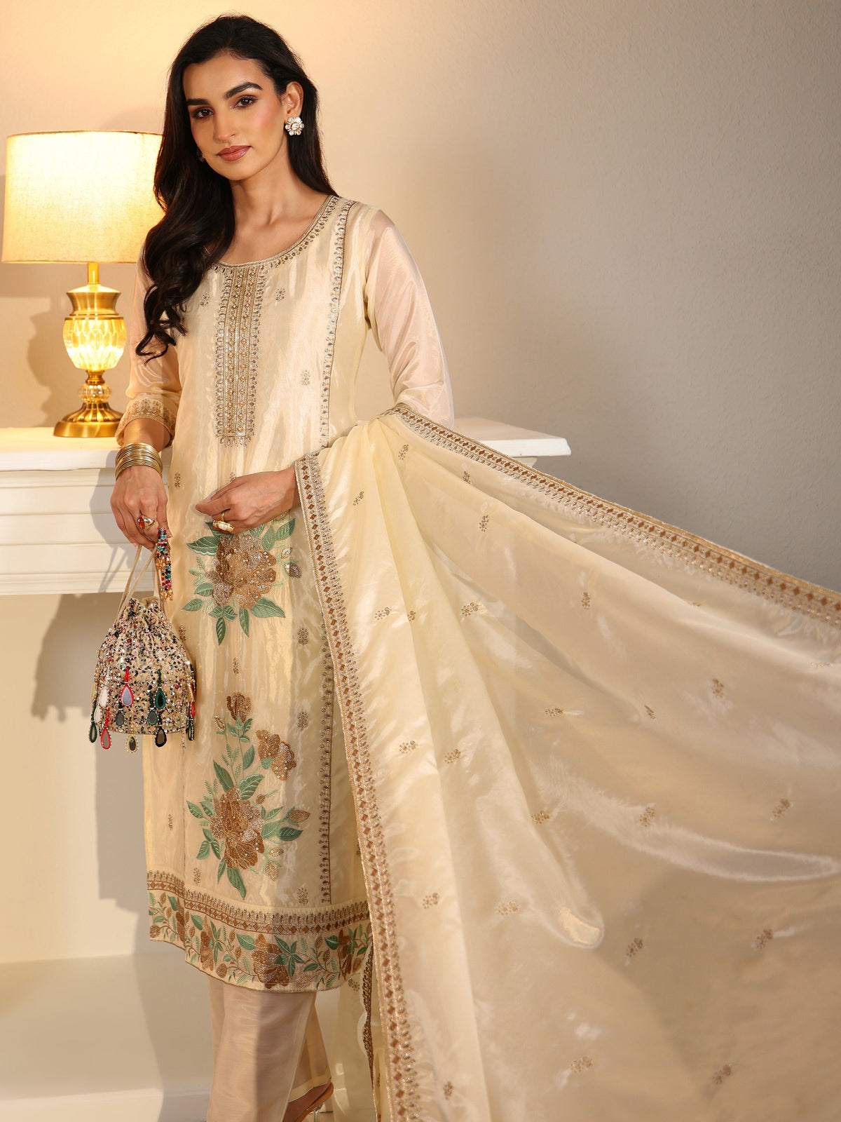 Anouk Cream Floral Embroiderd Organza Straight Suit Set