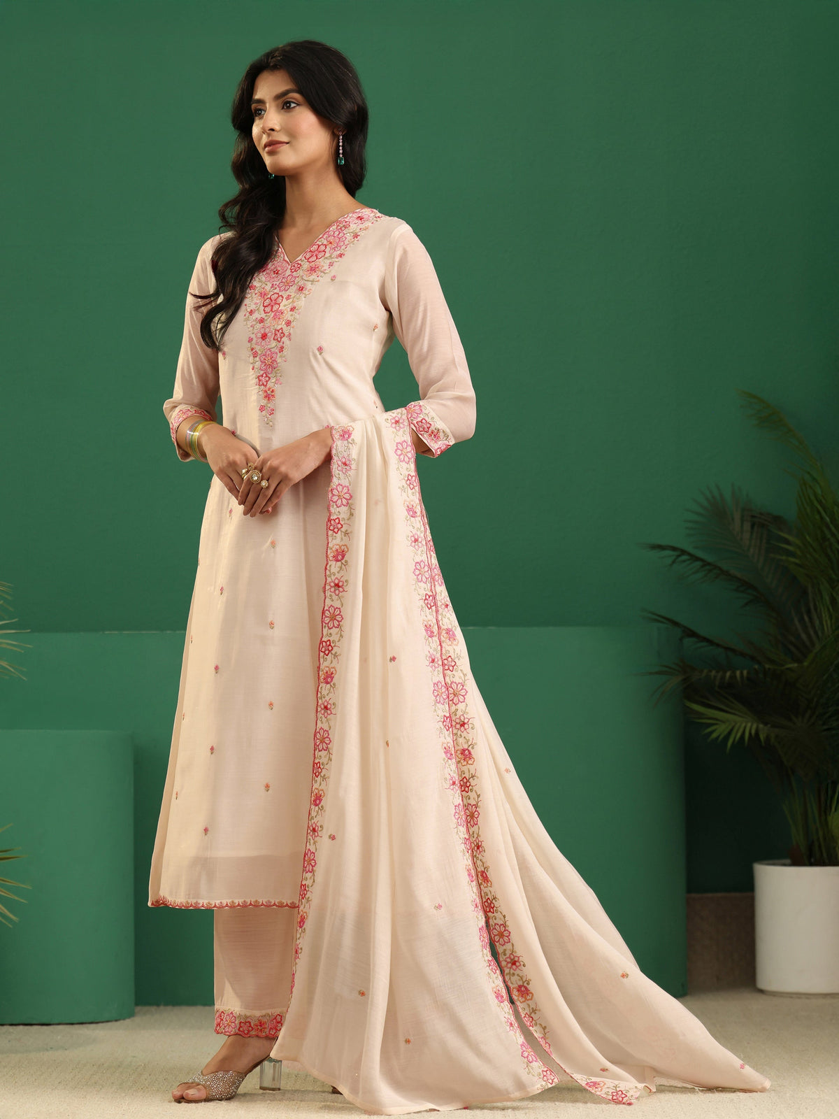 Anouk Cream Floral Embroidered Chanderi Cotton A-Line Suit Set