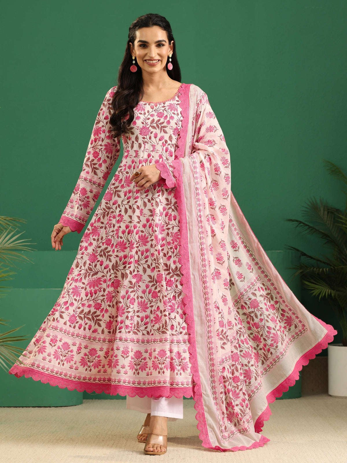 Anouk Cream Floral Printed Cotton Anarkali Suit Set