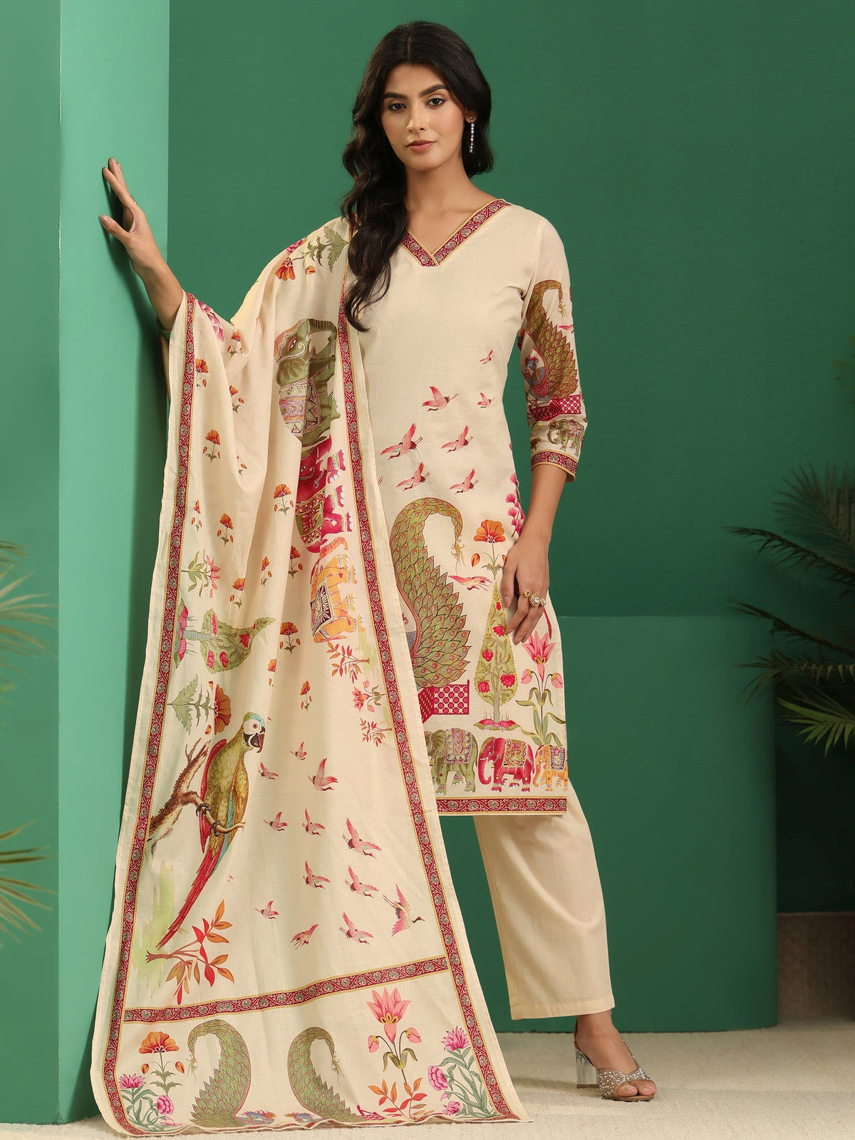 Anouk Cream Heritage Print Cotton Straight Suit Set