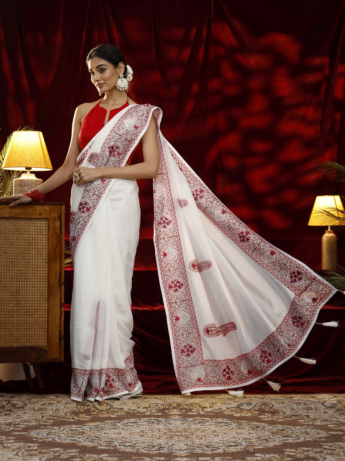 Anouk Cream Paisley Embroidered Silk blend Saree