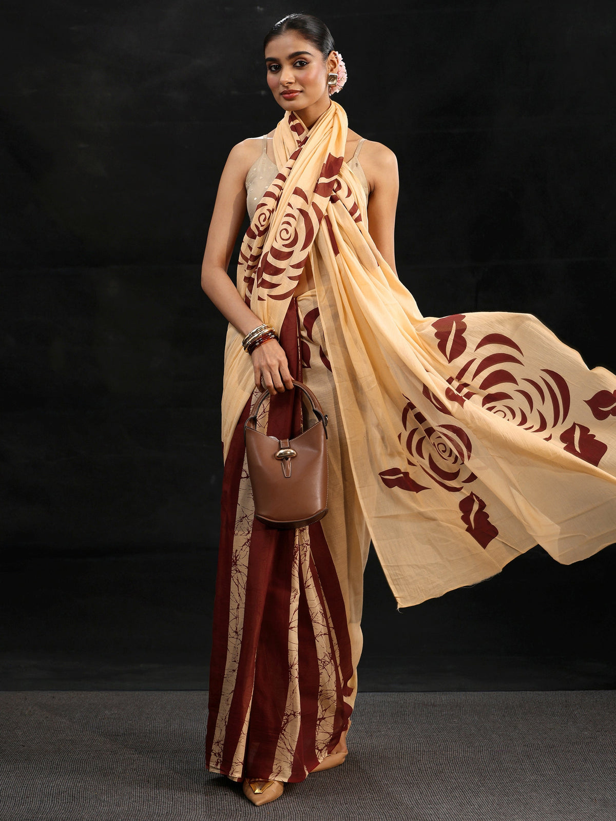 Anouk Cream Rosette Print Cotton Saree