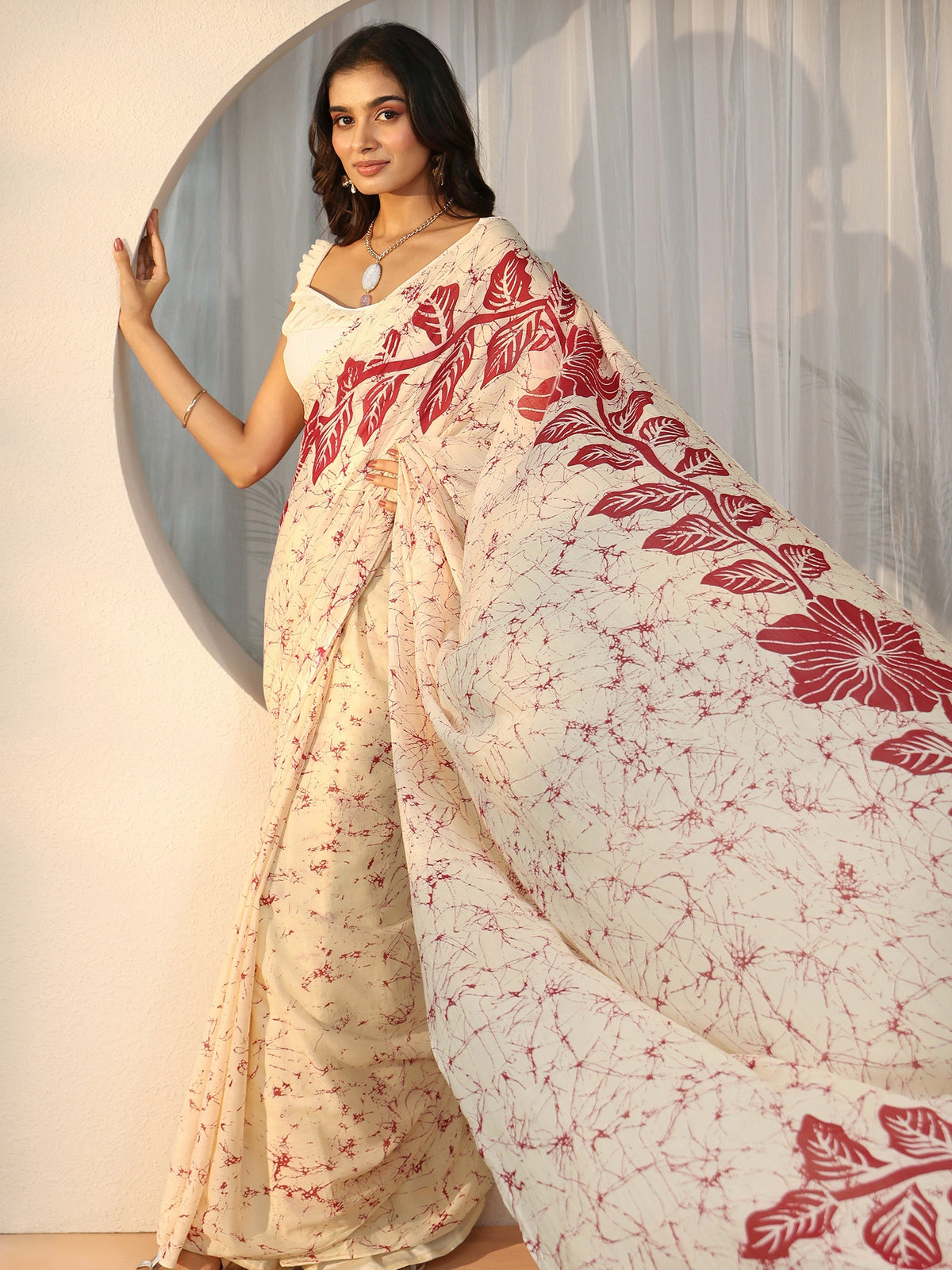 Anouk Cream Screen Printed Floral Cotton Saree