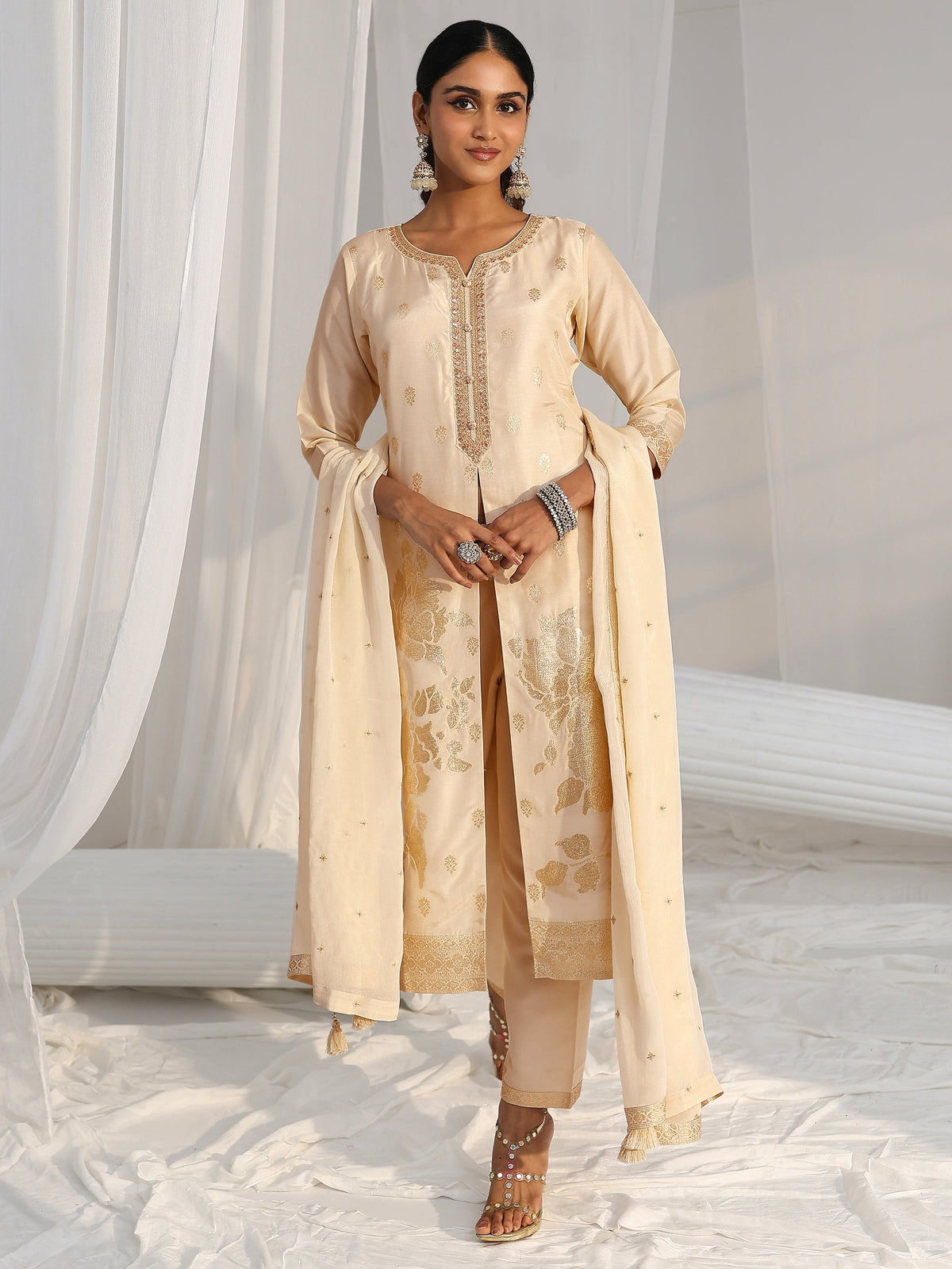 Anouk Cream Woven Design Front Slit Silk Blend Straight Suit Set