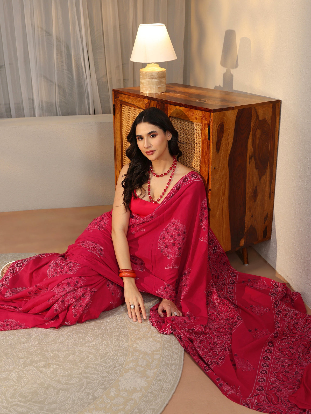 Anouk Crimson Red Block Print Cotton Saree