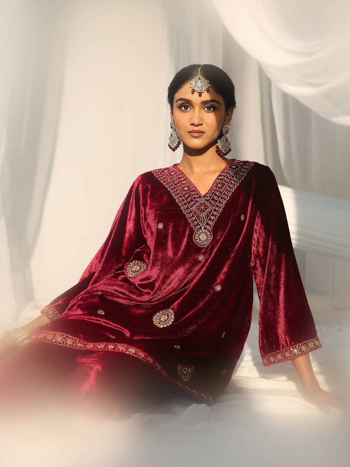 Anouk Crimson Red Emellished Velvet Co-Ord Set