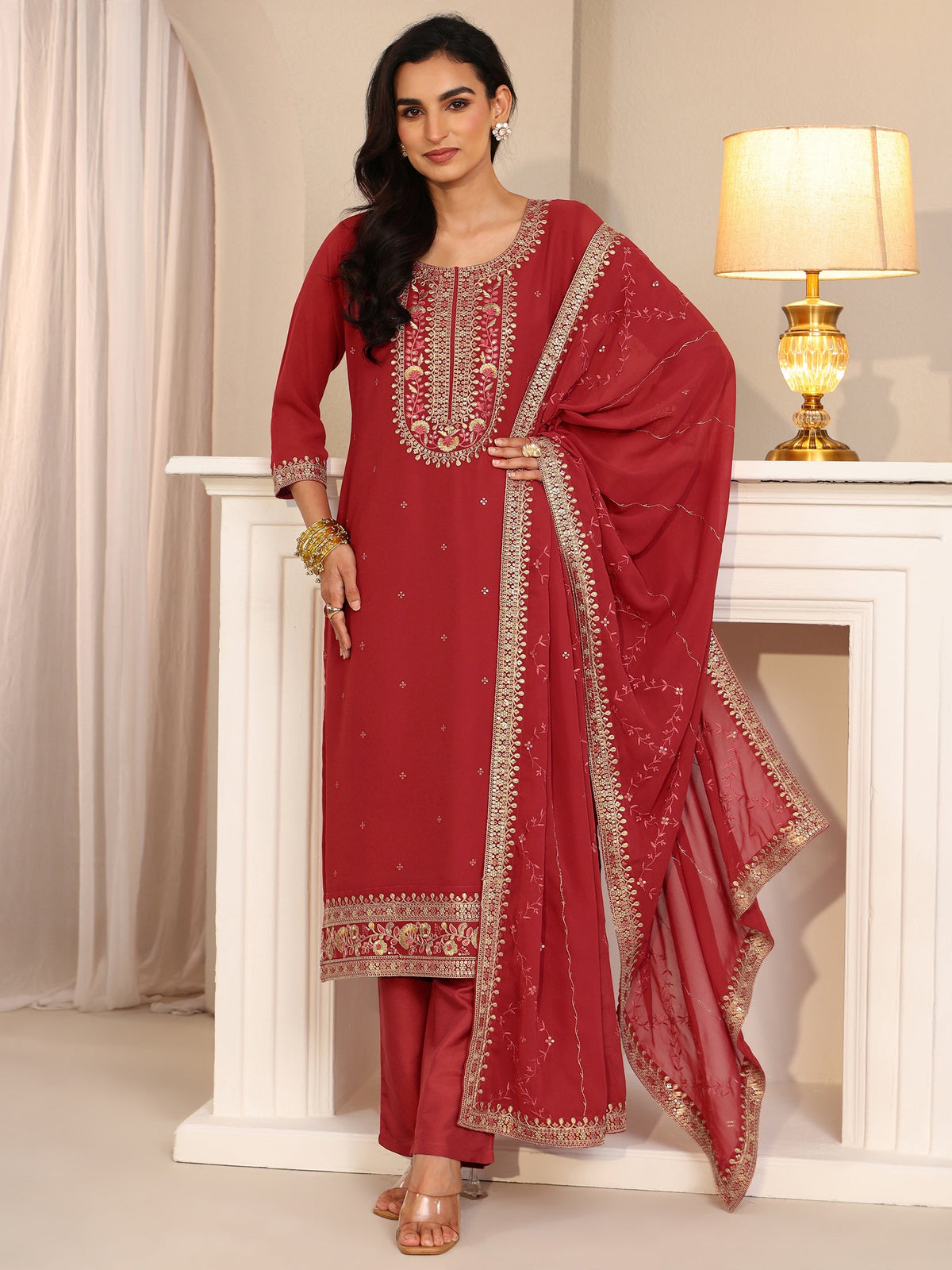 Anouk Crimson Red Floral Embellished Georgette Straight Suit Set
