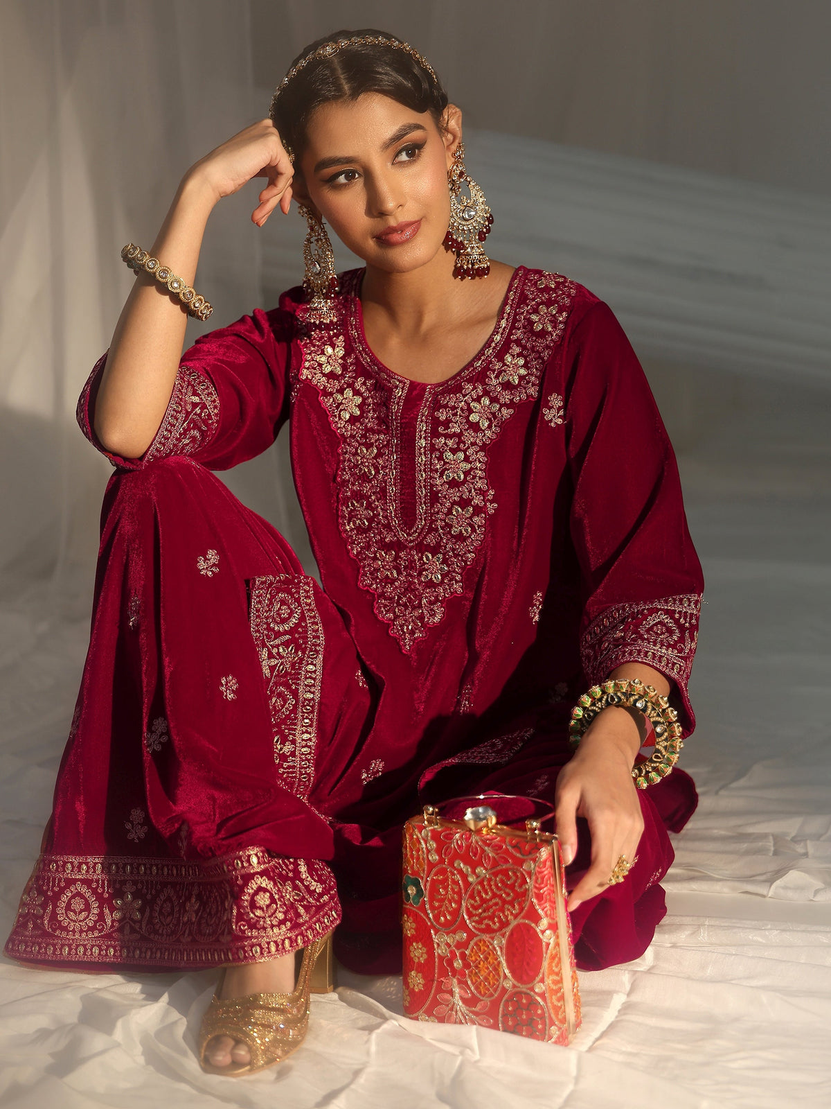 Anouk Crimson Red Floral Embroidered Velvet Co-Ord Set