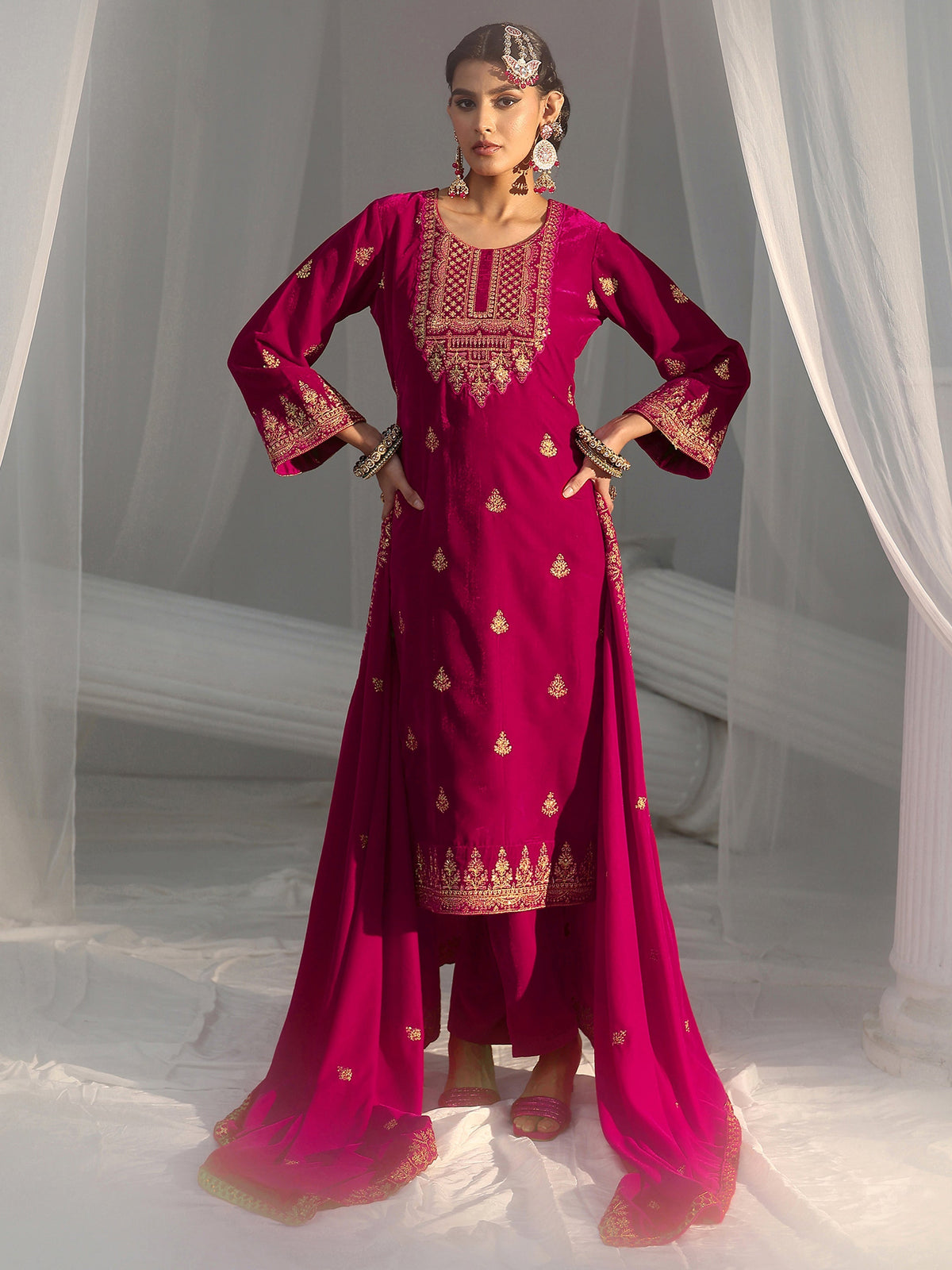 Anouk Crimson Red Floral Embroidered Velvet Straight Suit Set