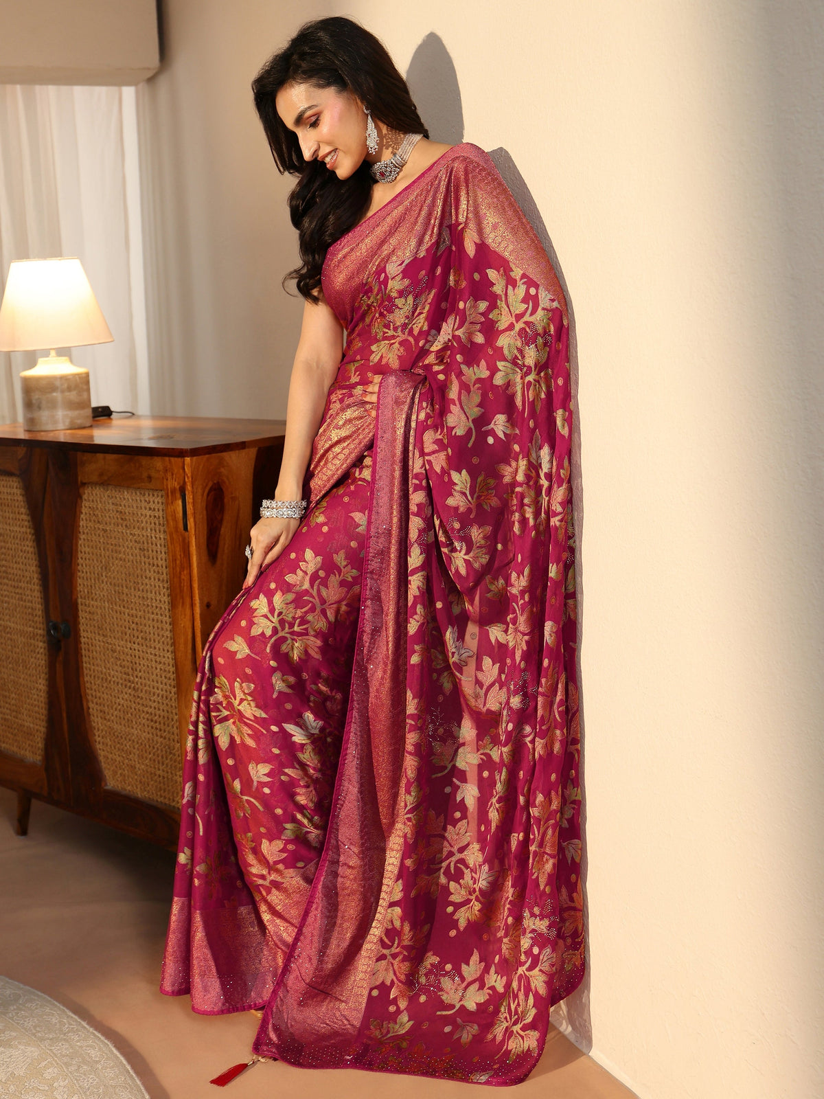 Anouk Crimson Red Floral Printed Silk Blend Saree with Woven Border