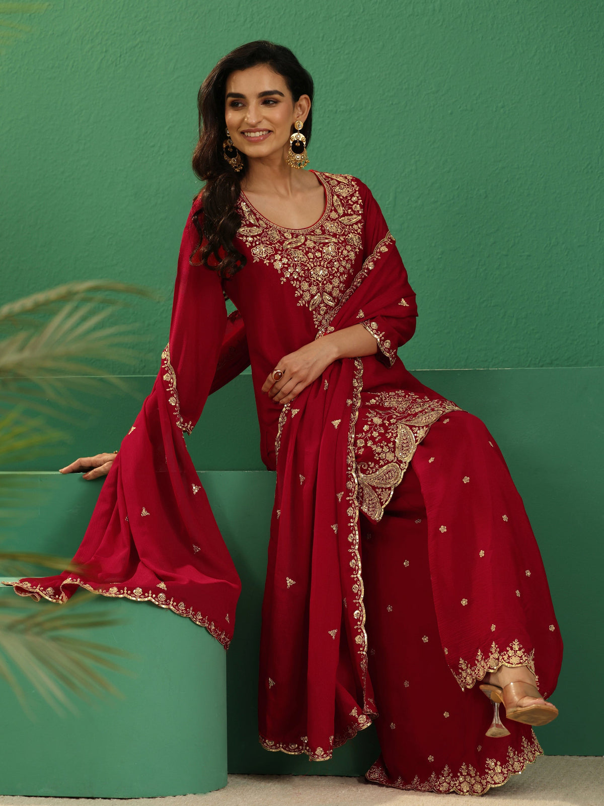 Anouk Crimson Red Paisley Embellished Chinon Palazzo Suit Set