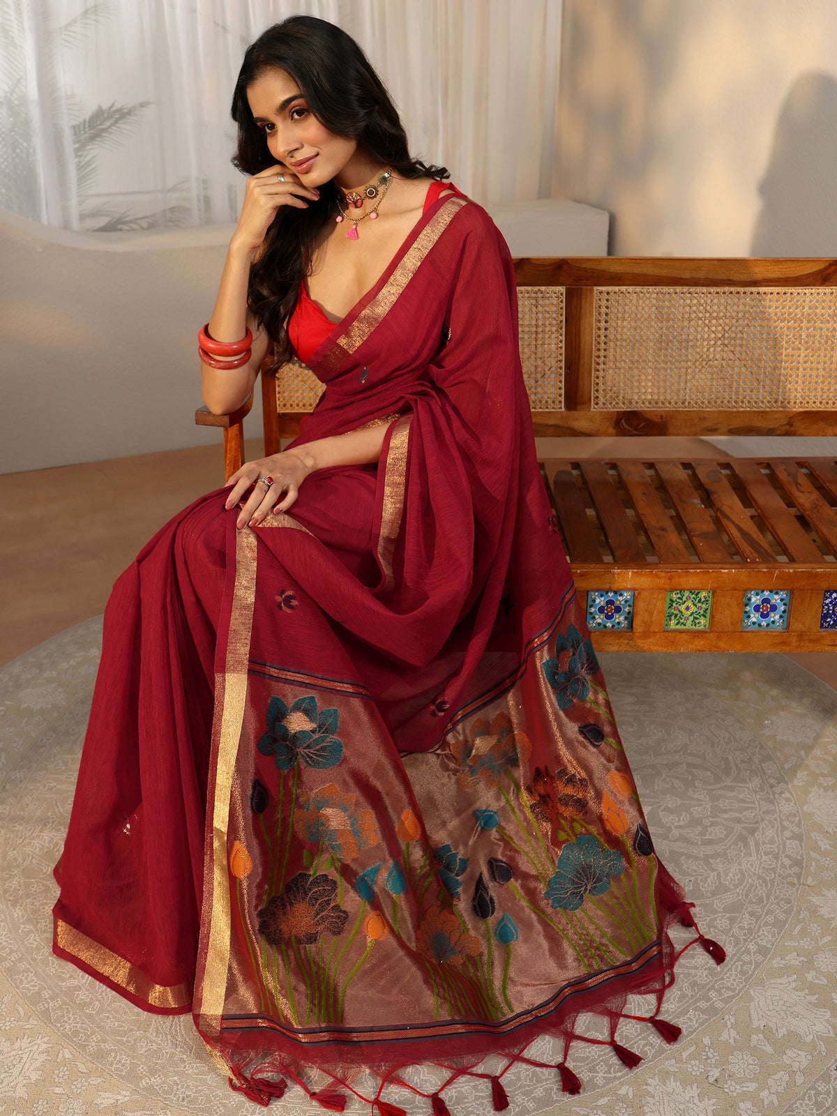 Anouk Crimson Red Woven Design Floral Pallu Silk Blend Saree