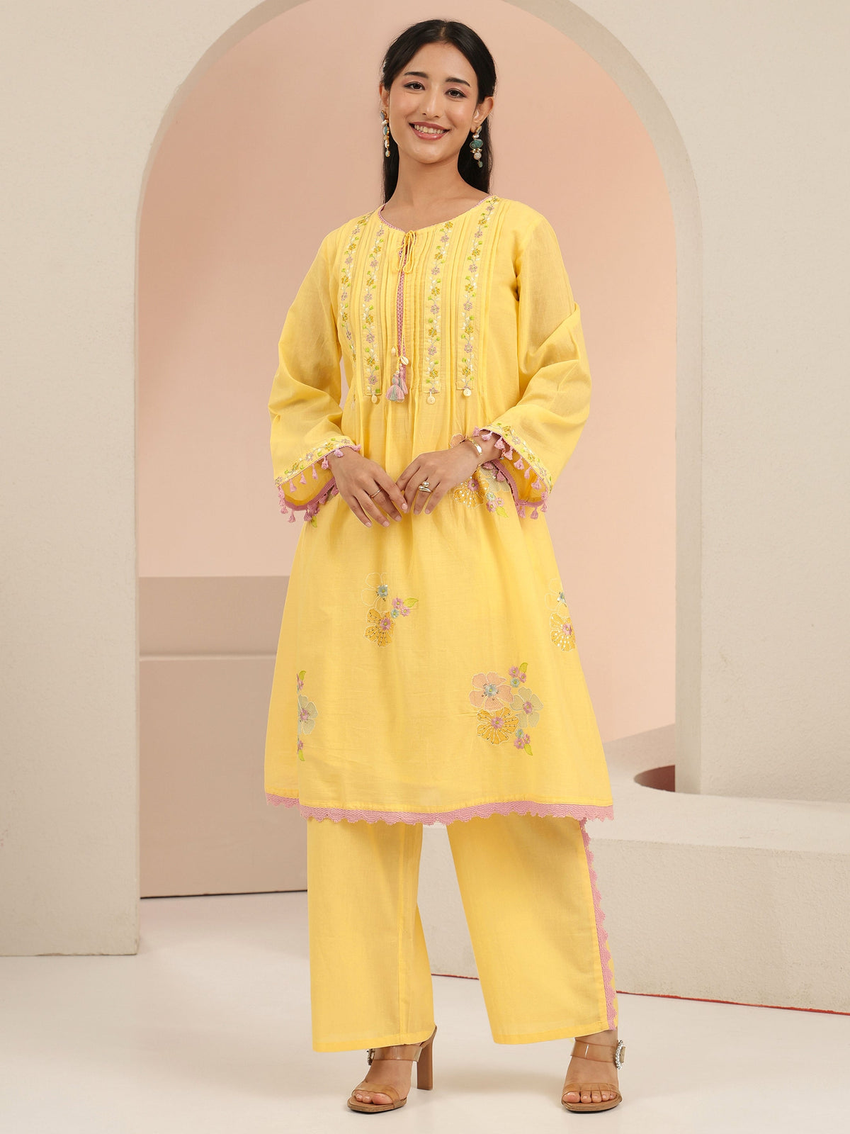 Anouk Daffodil Yellow Floral Embroidered Cotton A-Line Kurta Set