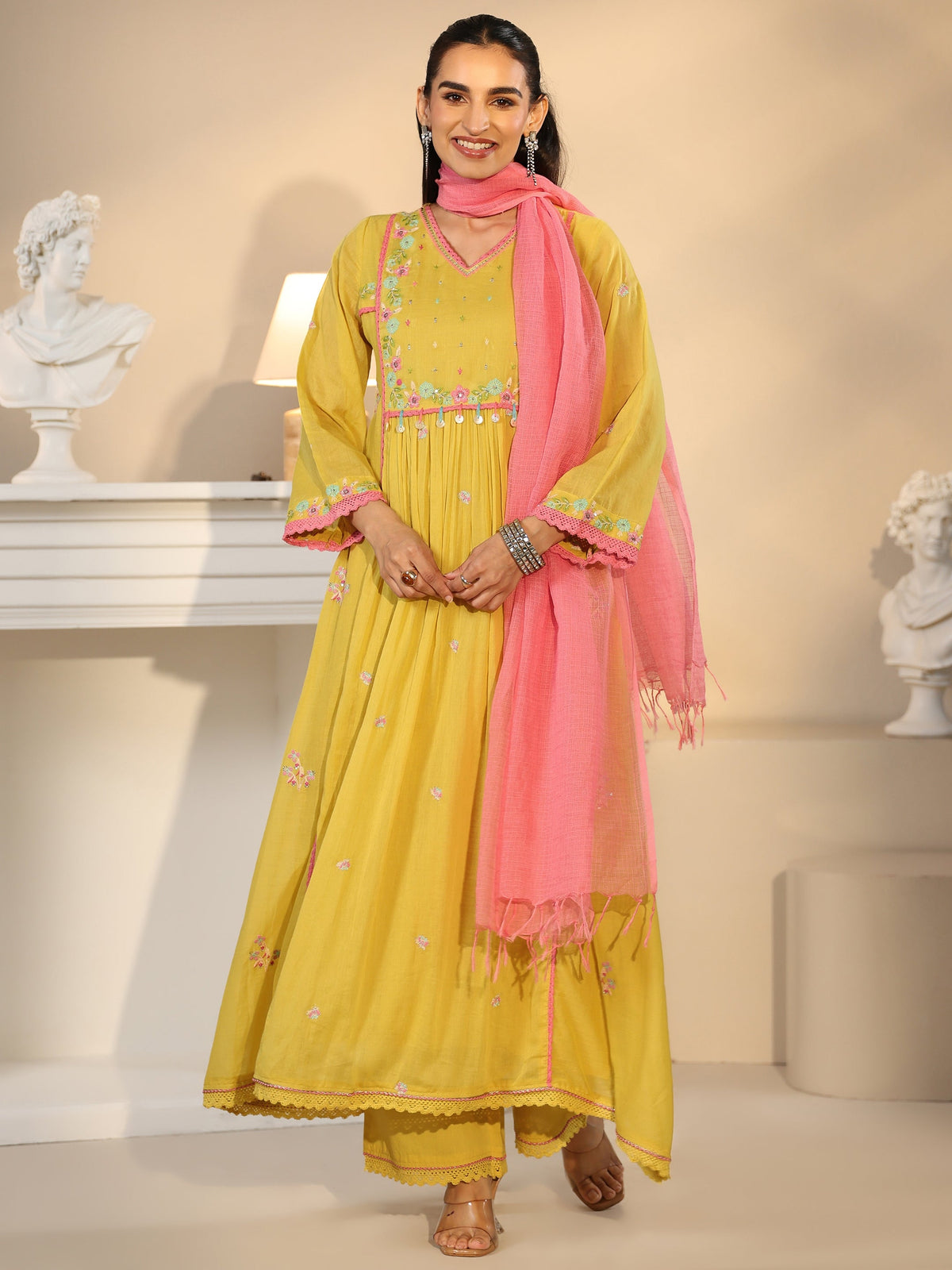 Anouk Daffodil Yellow Floral Embroidered Cotton Anarkali Suit Set