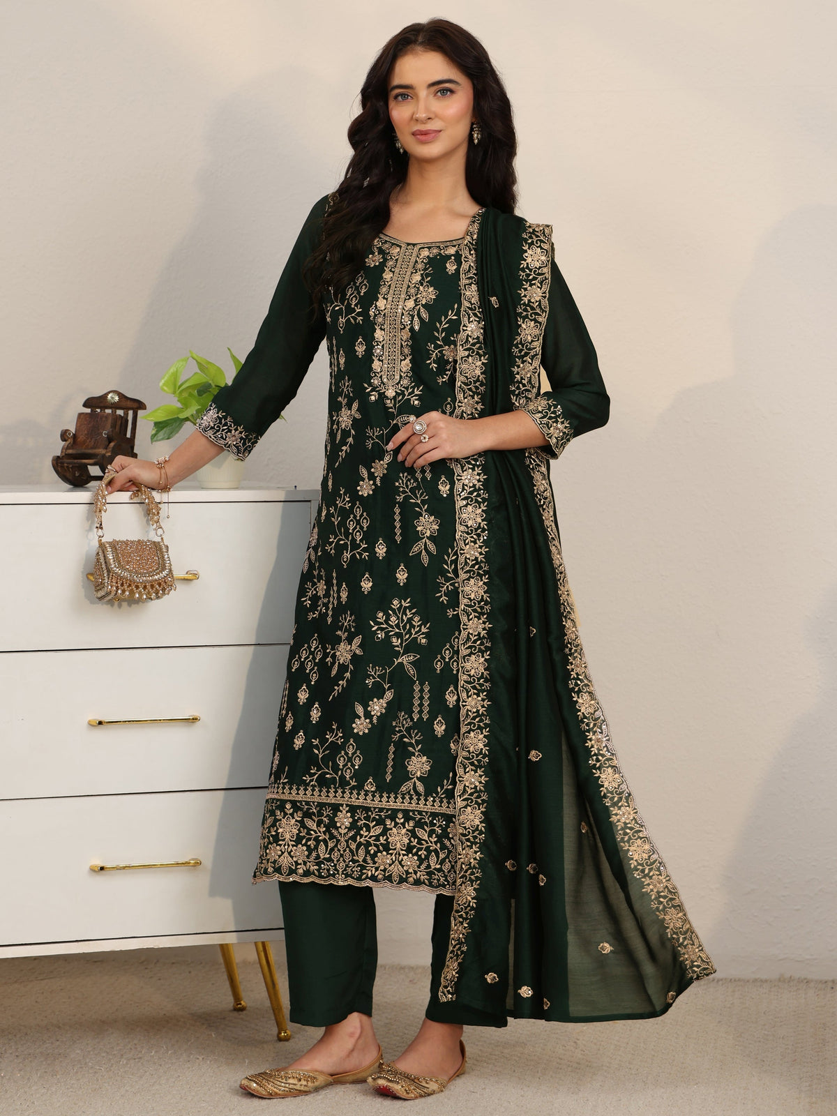 Anouk Dark Green Floral Embroidered Silk Blend Straight Suit Set