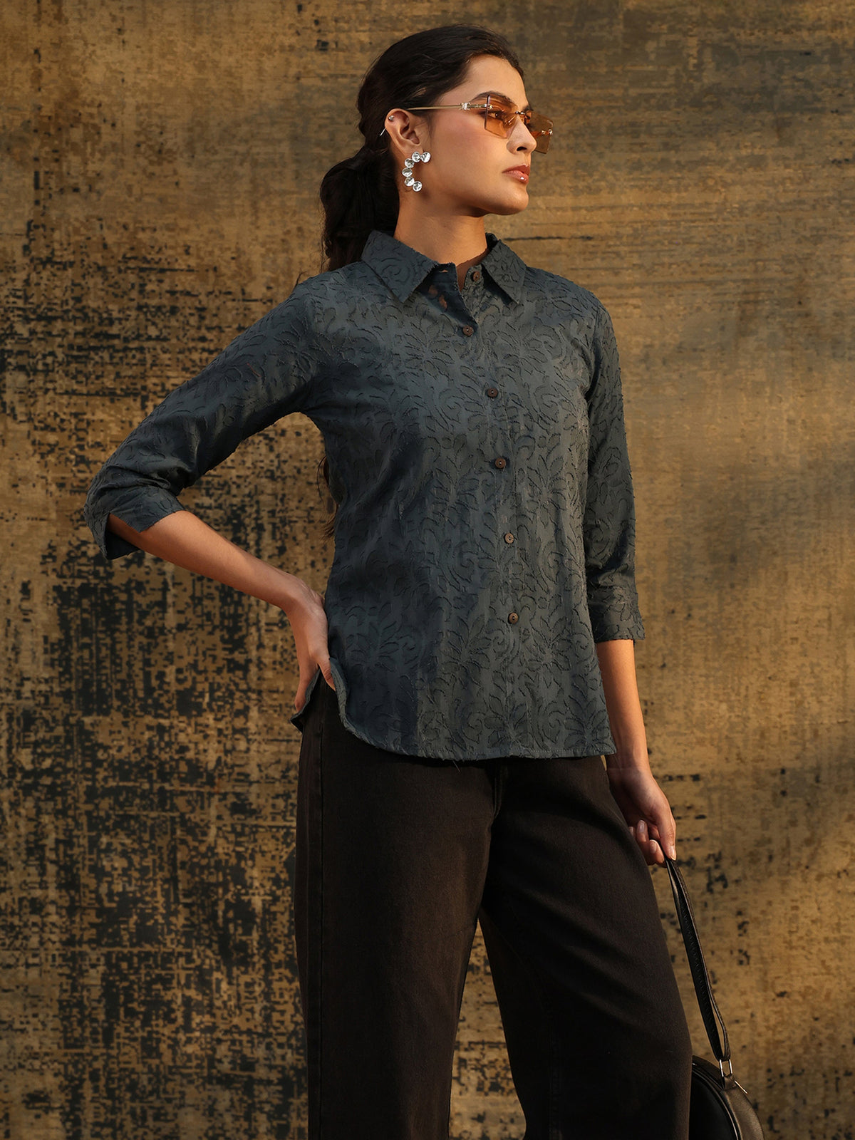 Anouk Dark Grey Floral Textured Cotton Shirt