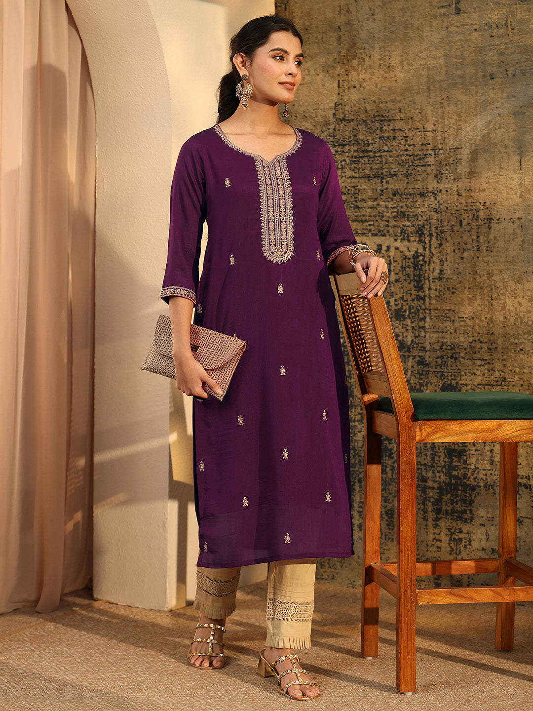 Anouk Dark Purple Embroidered Silk Blend Straight Kurta