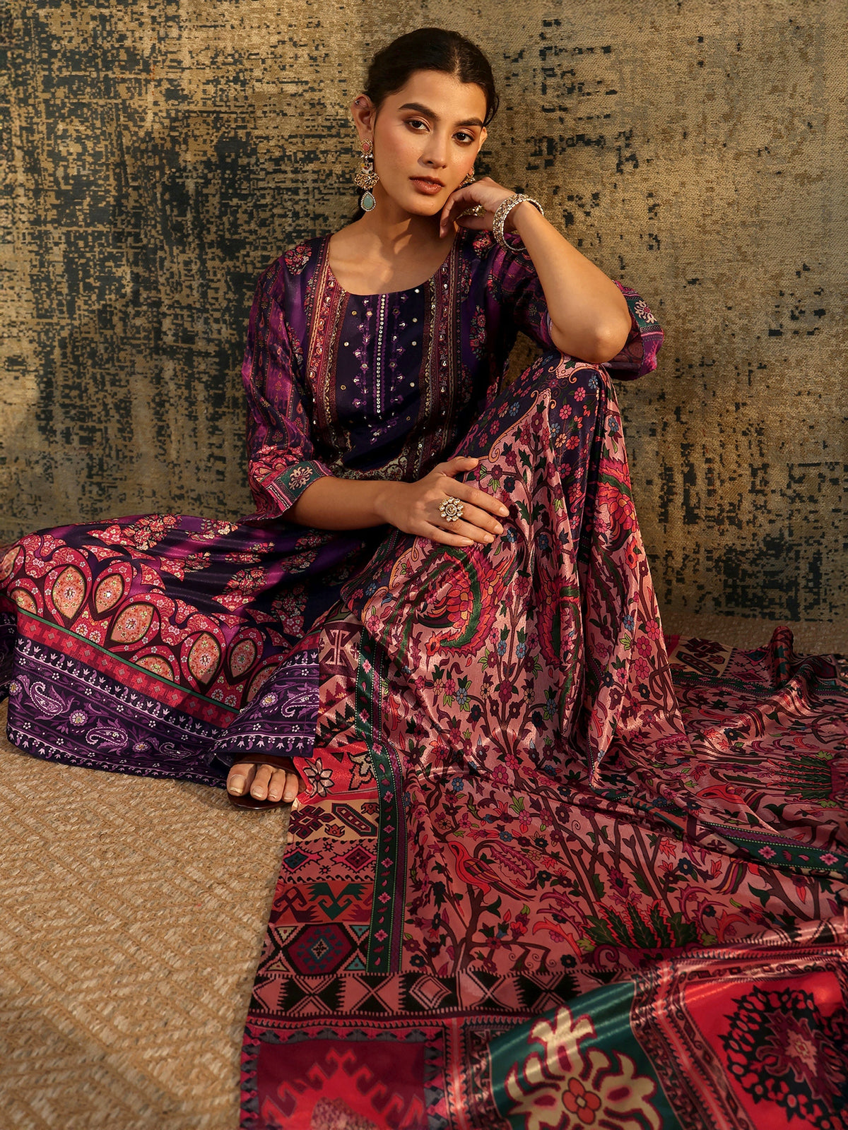 Anouk Dark Purple Floral Embroidered  Chinon Straight Suit Set