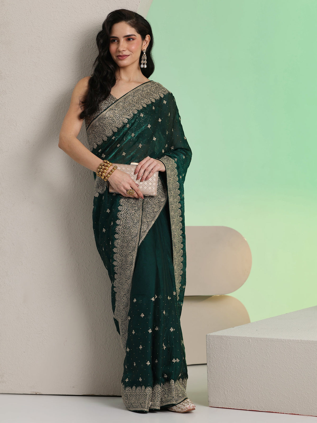 Anouk Dark Teal Green Embroidered Tissue Saree