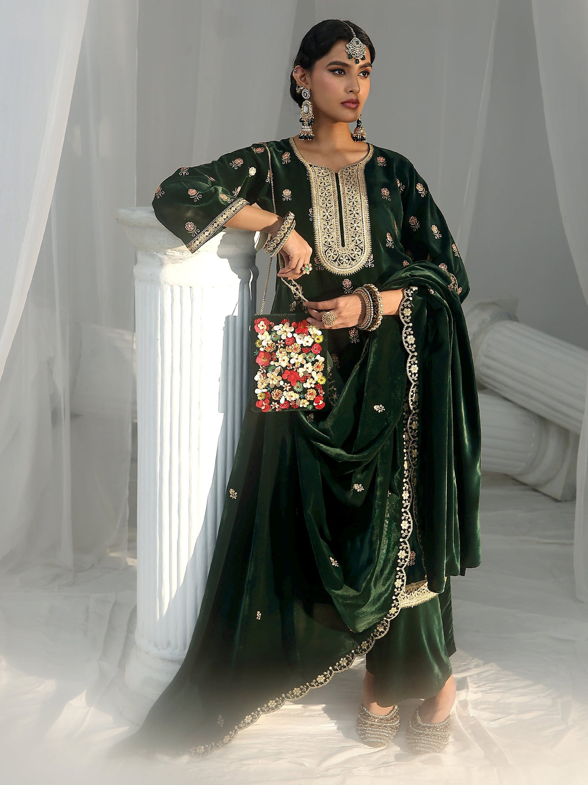 Anouk Dark Teal Green Floral Embroidered Velvet Straight Suit Set