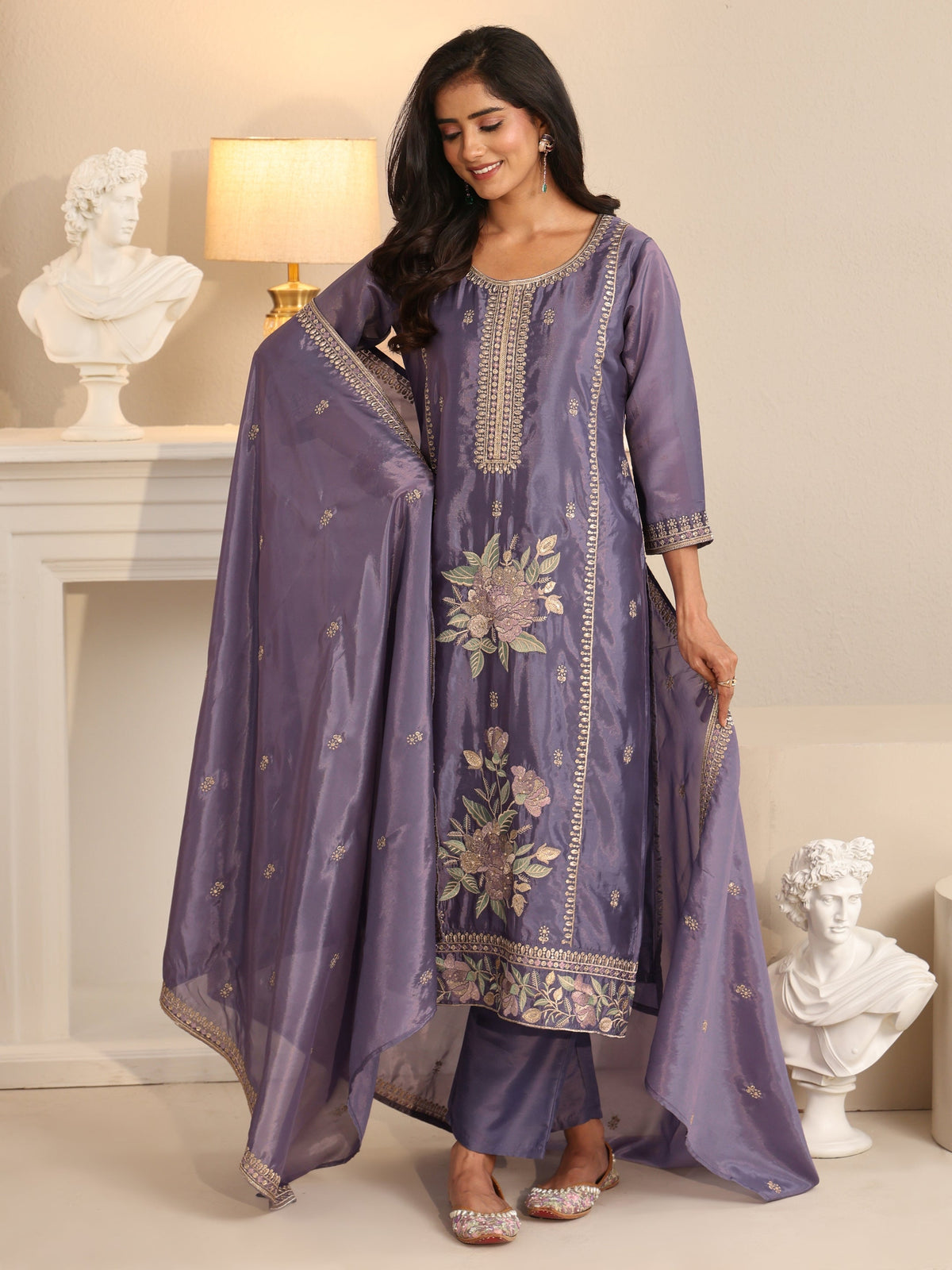 Anouk Deep Lavender Floral Embroidered Organza Straight Suit Set