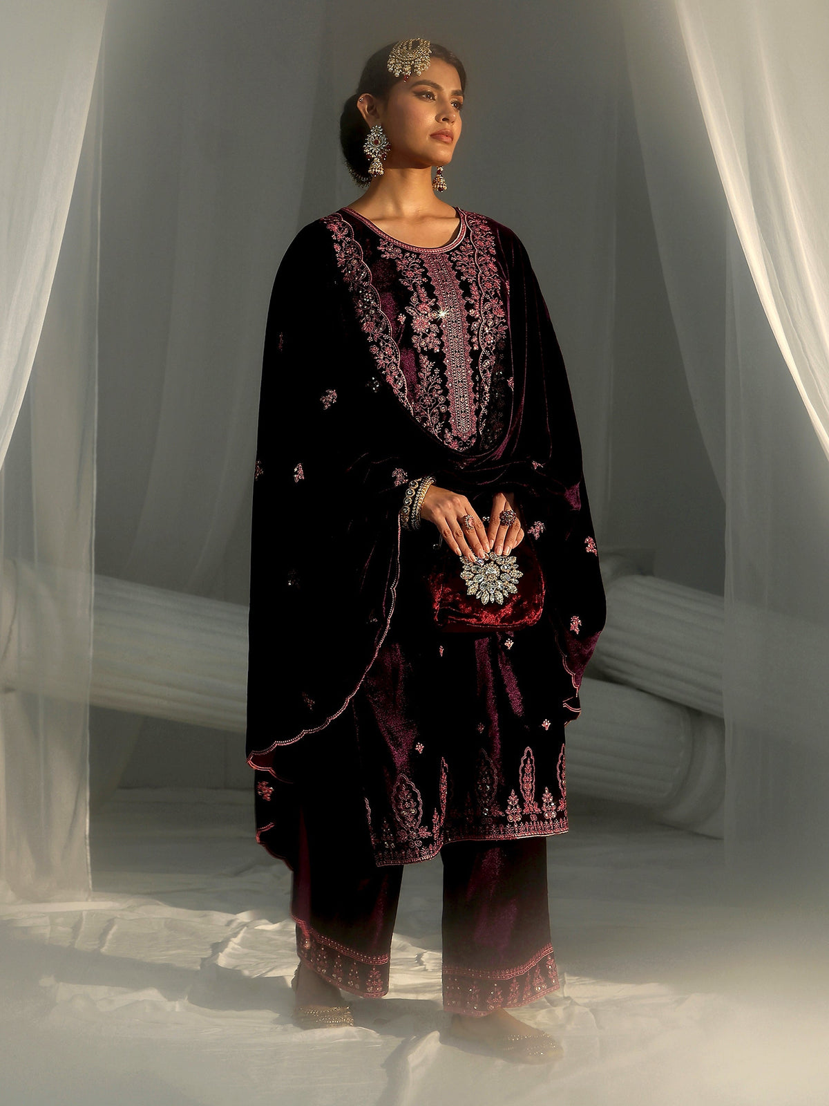 Anouk Deep Plum Purple Floral Embellished Velvet Straight Suit Set