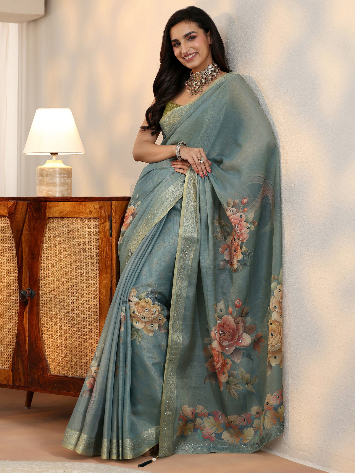 Anouk Dusty Aqua Blue Floral Printed Silk Blend Saree with Woven Border