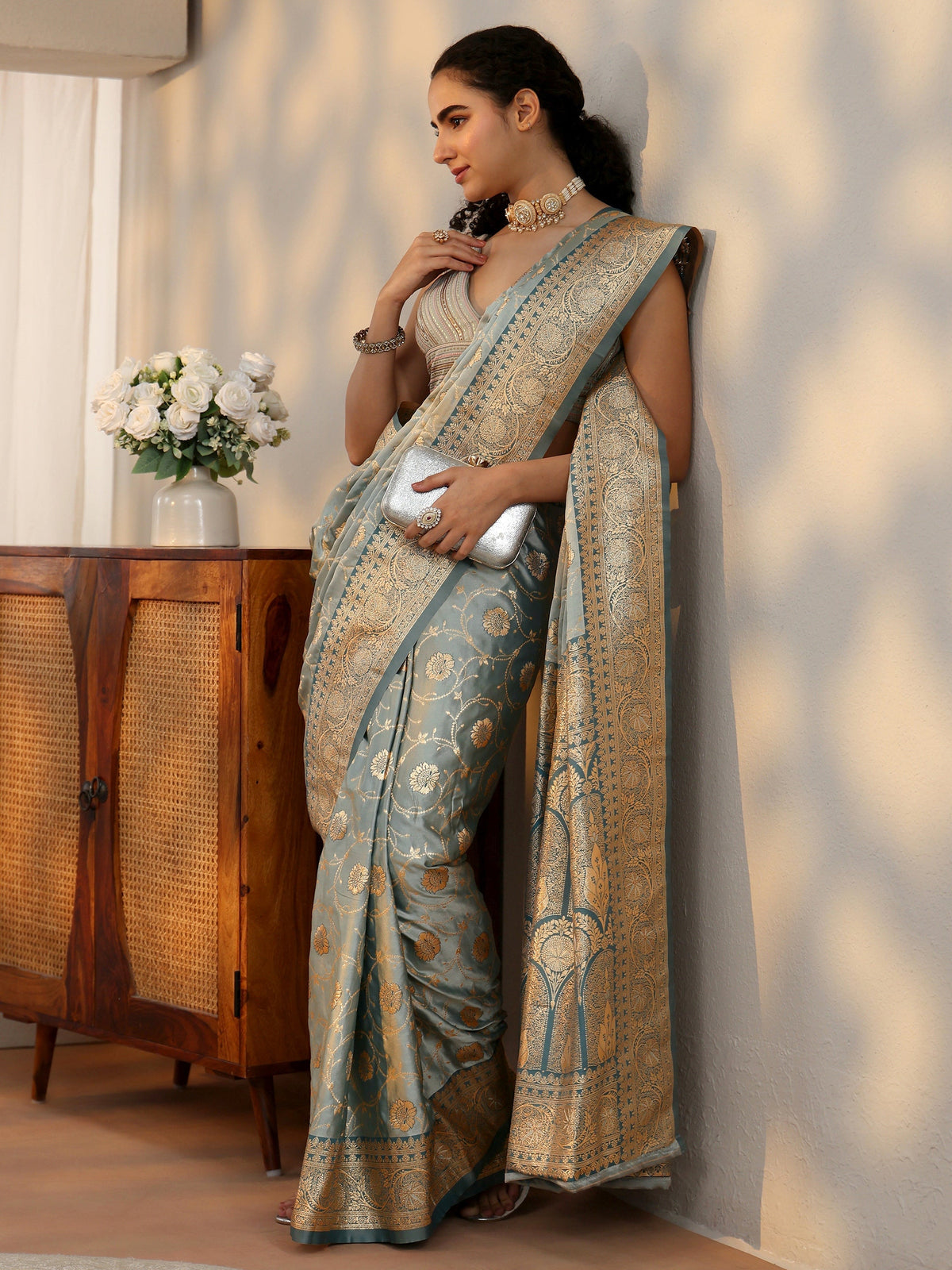 Anouk Dusty Blue Banarasi Satin Saree