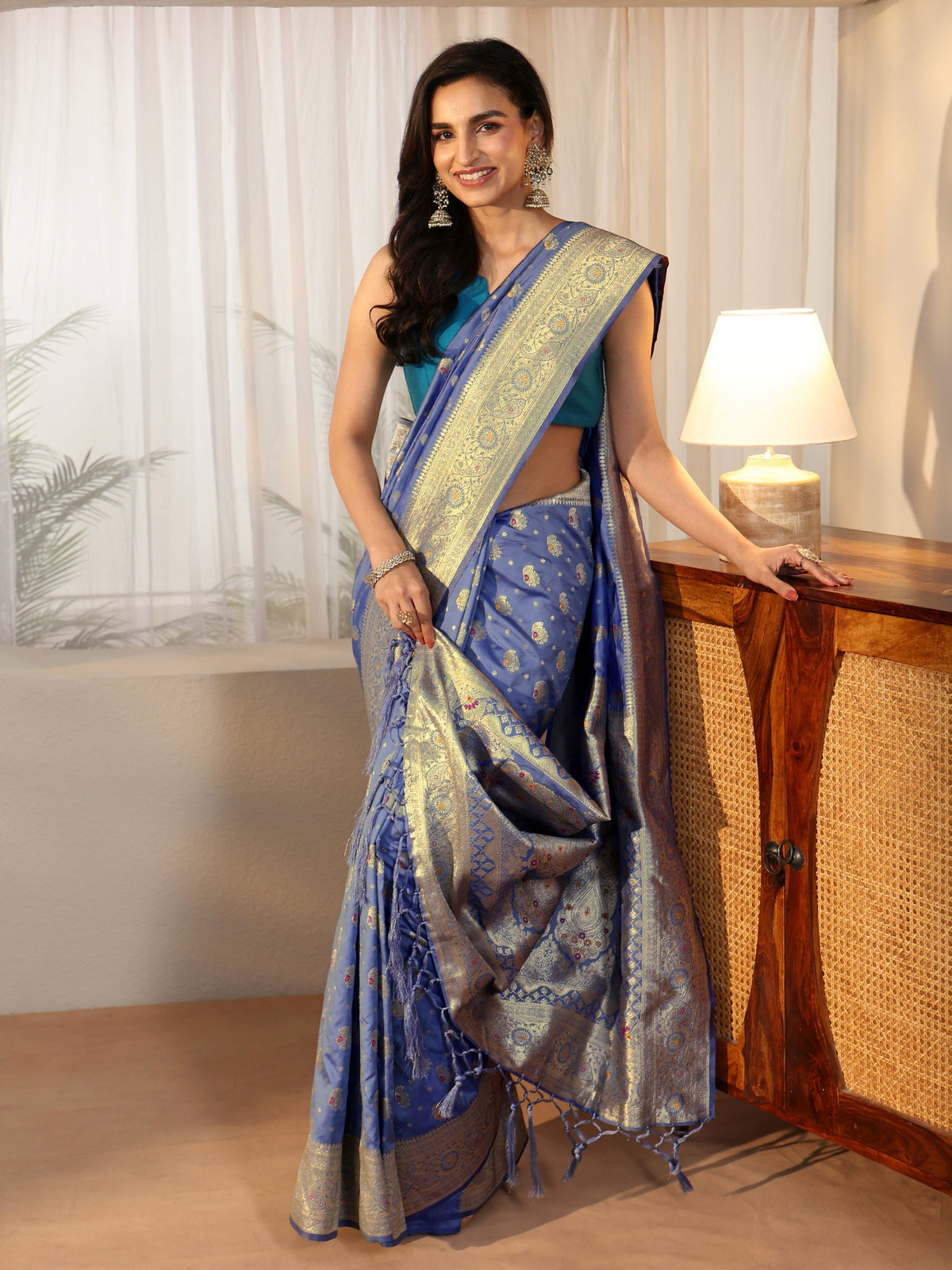 Anouk Dusty Blue Banarasi Silk Blend Saree